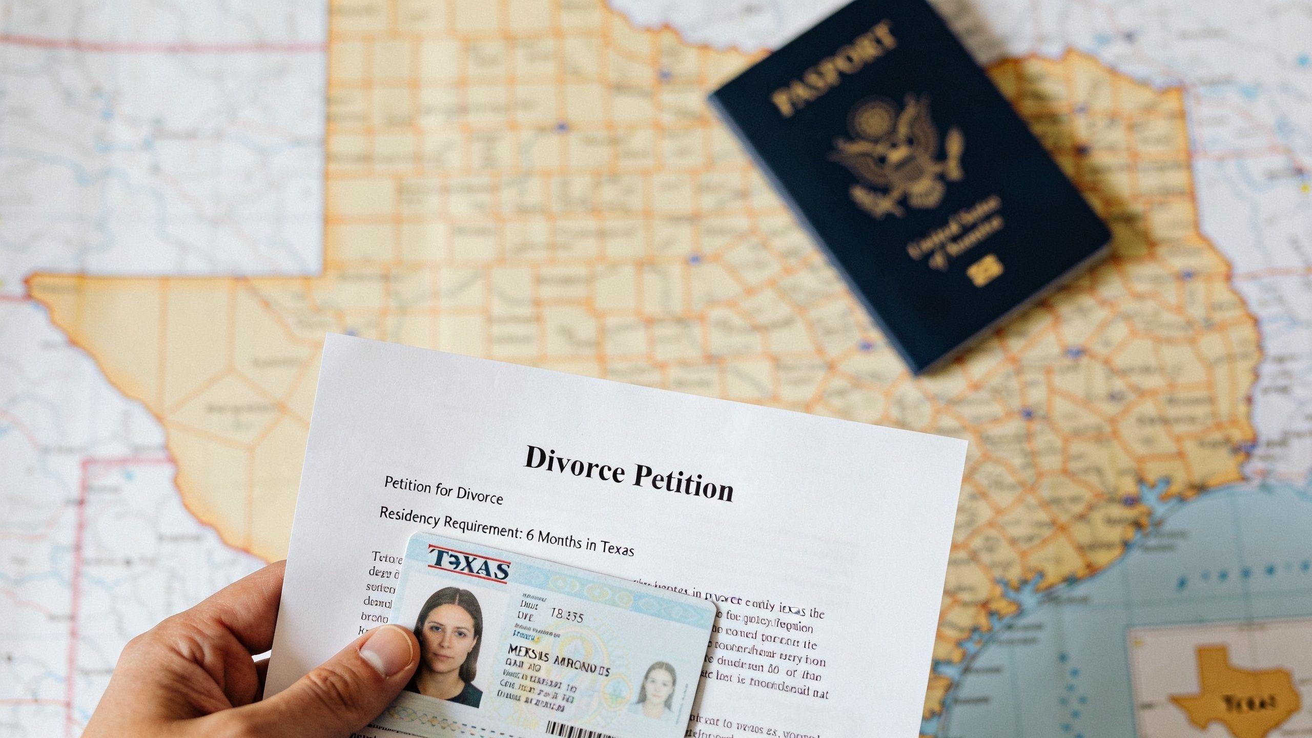 Una mano sosteniendo una licencia de conducir de Texas sobre una petición de divorcio con un pasaporte.