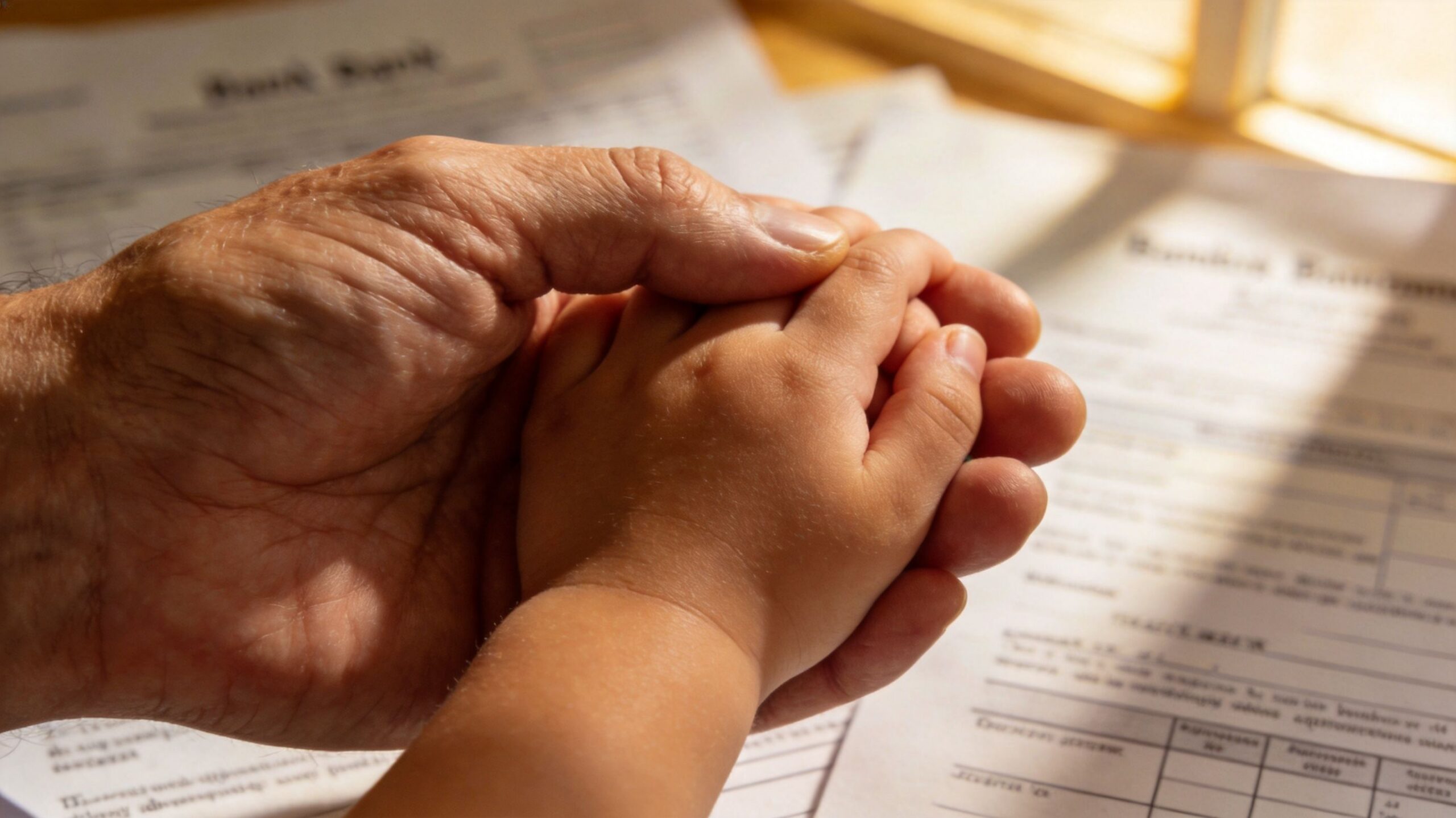 Una mano adulta sostiene suavemente la pequeña mano de un niño sobre documentos legales importantes.
