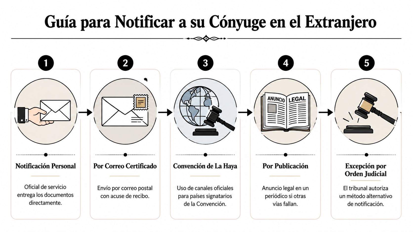Infografía sobre los cinco pasos legales para notificar a un cónyuge que reside en otro país.