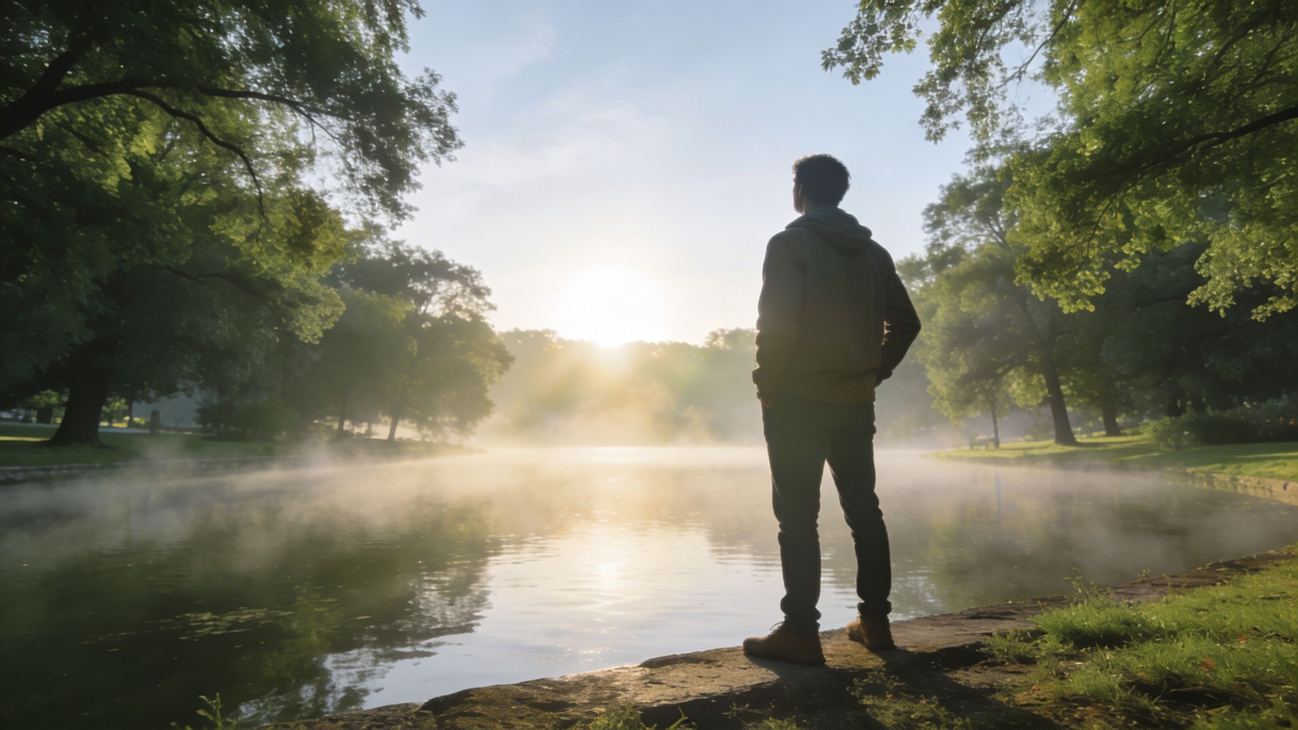 Un hombre observa reflexivamente un lago rodeado de árboles al amanecer con niebla suave en Texas.
