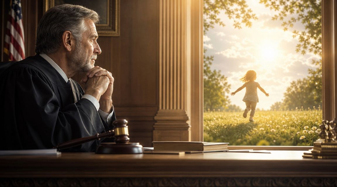 Un juez reflexivo observa a una niña pequeña corriendo libremente en un campo soleado a través de una ventana.