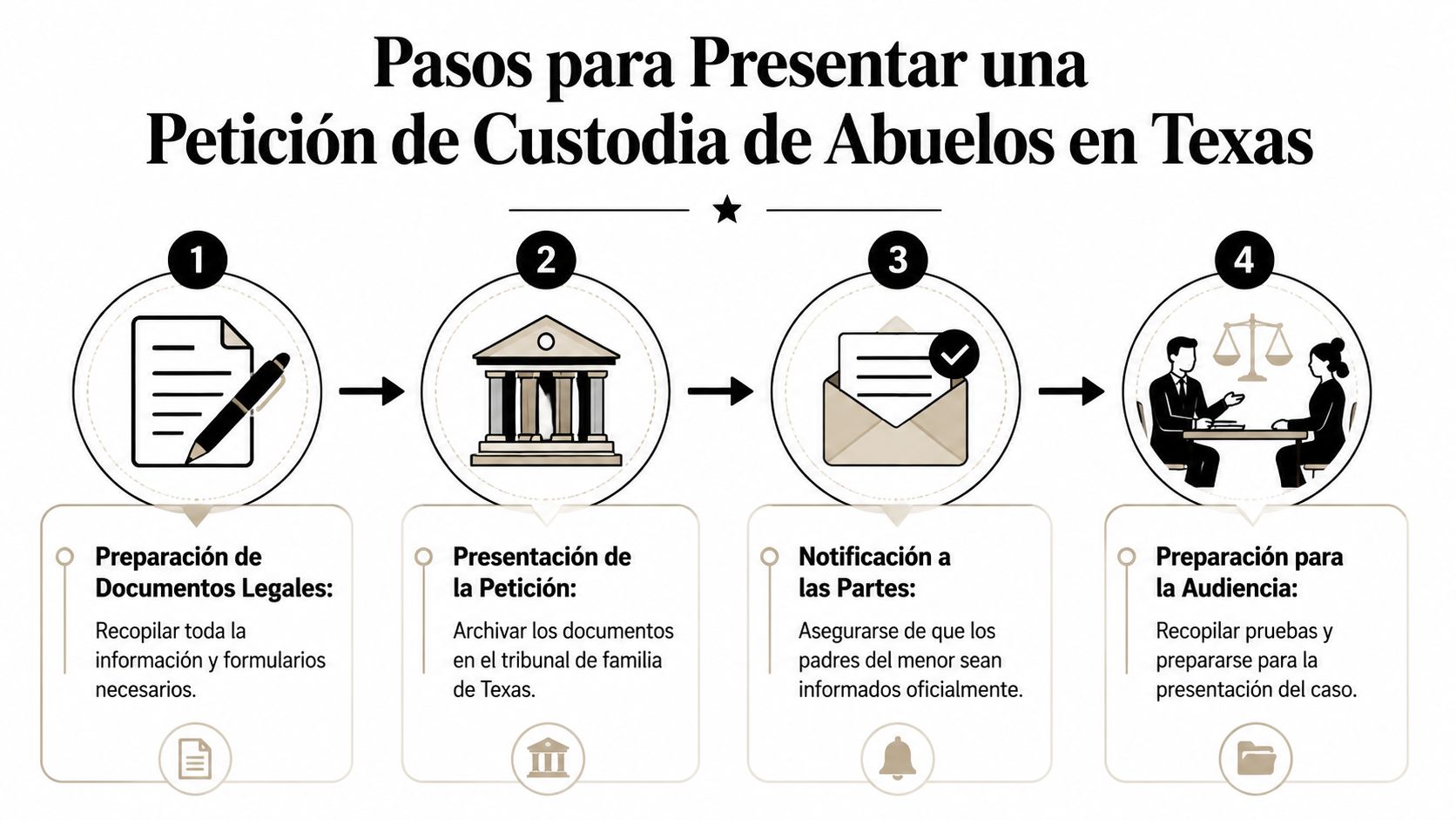 Infografía con los cuatro pasos legales necesarios para presentar una petición de custodia de abuelos en Texas.