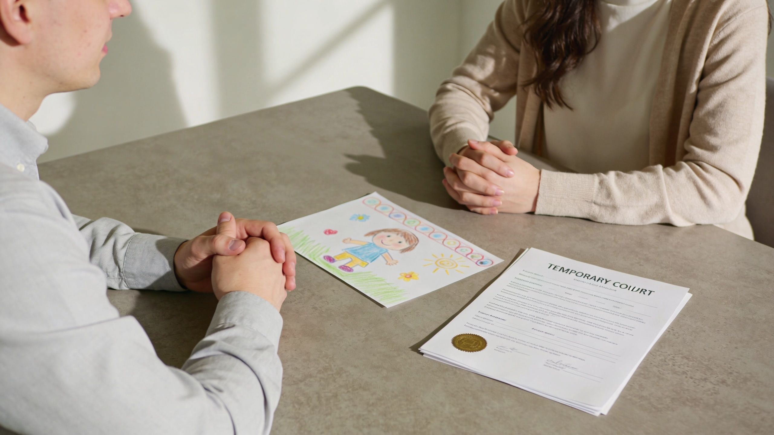 Una pareja sentada ante una mesa con un dibujo infantil y documentos legales de separación temporal.