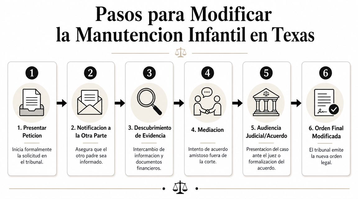 Infografía con seis pasos para modificar legalmente la manutención infantil en el estado de Texas.