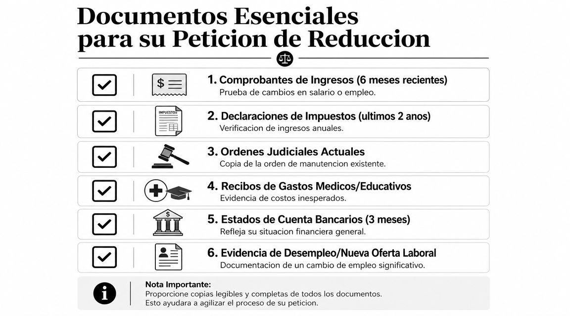 Lista de verificación de documentos esenciales requeridos para solicitar una reducción de manutención infantil en Texas.