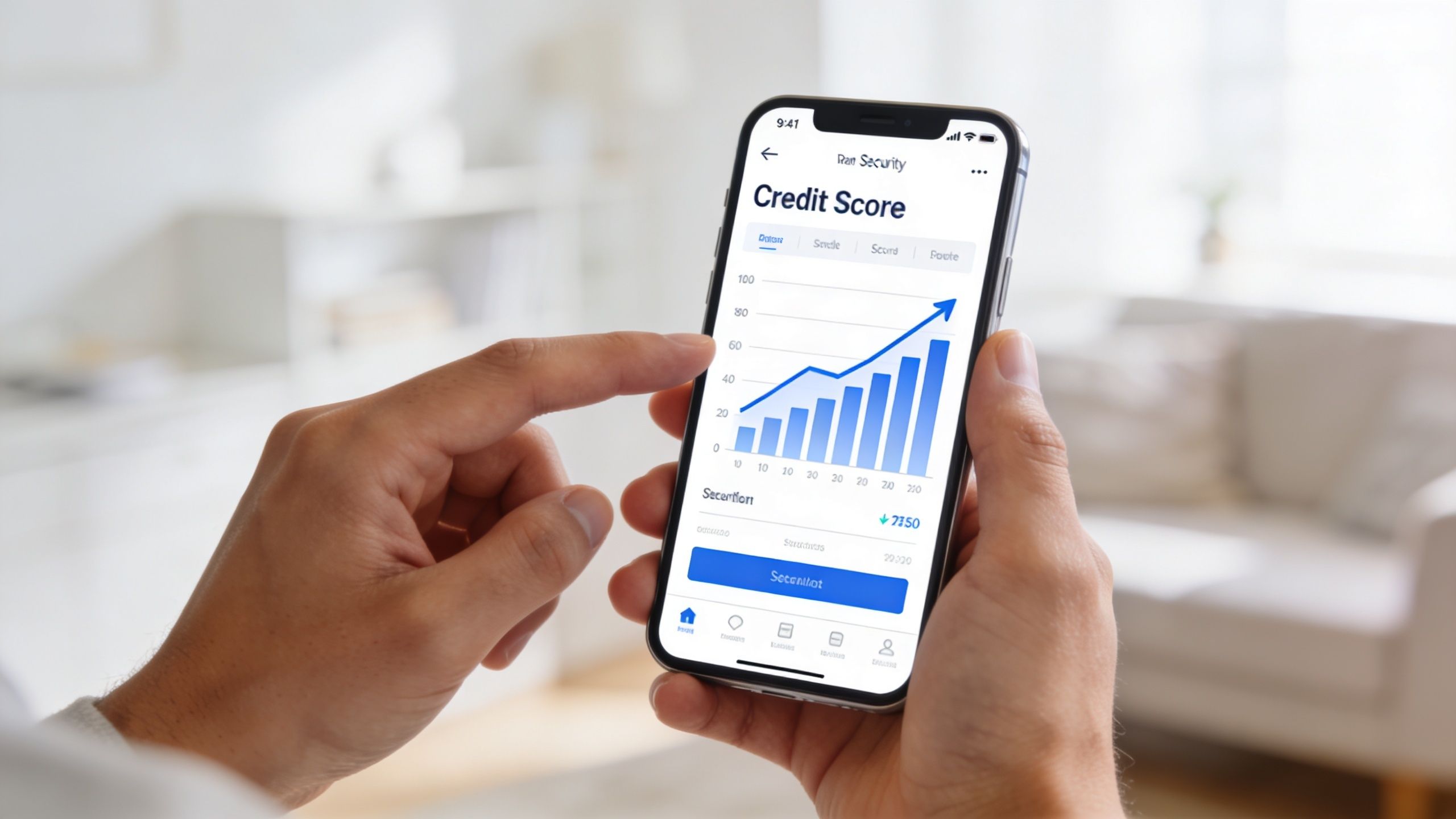 Una persona sostiene un teléfono móvil mostrando una aplicación de finanzas con un gráfico de puntaje crediticio.