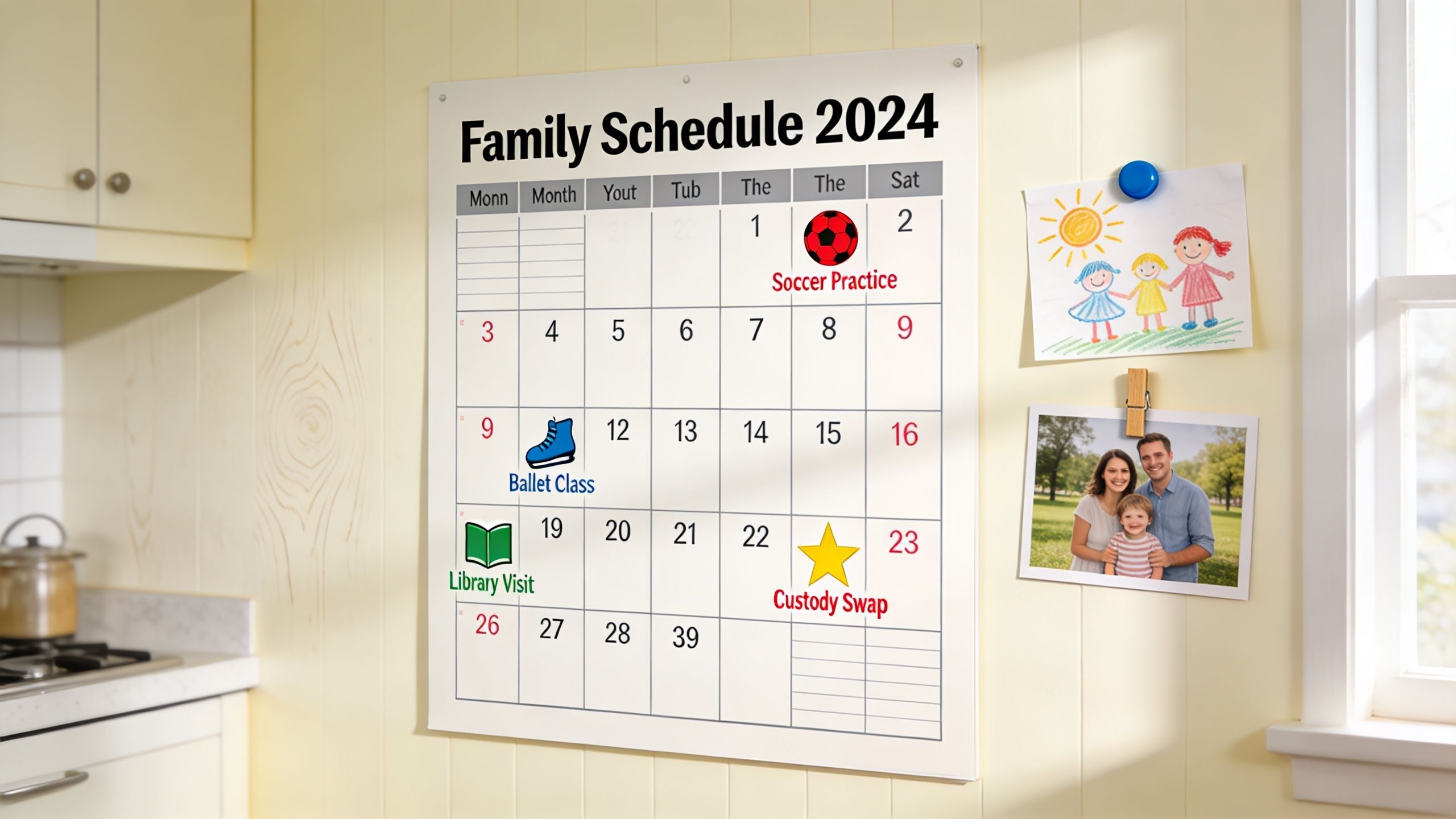 Un calendario familiar colgado en la pared de una cocina con fotos y un horario de actividades.