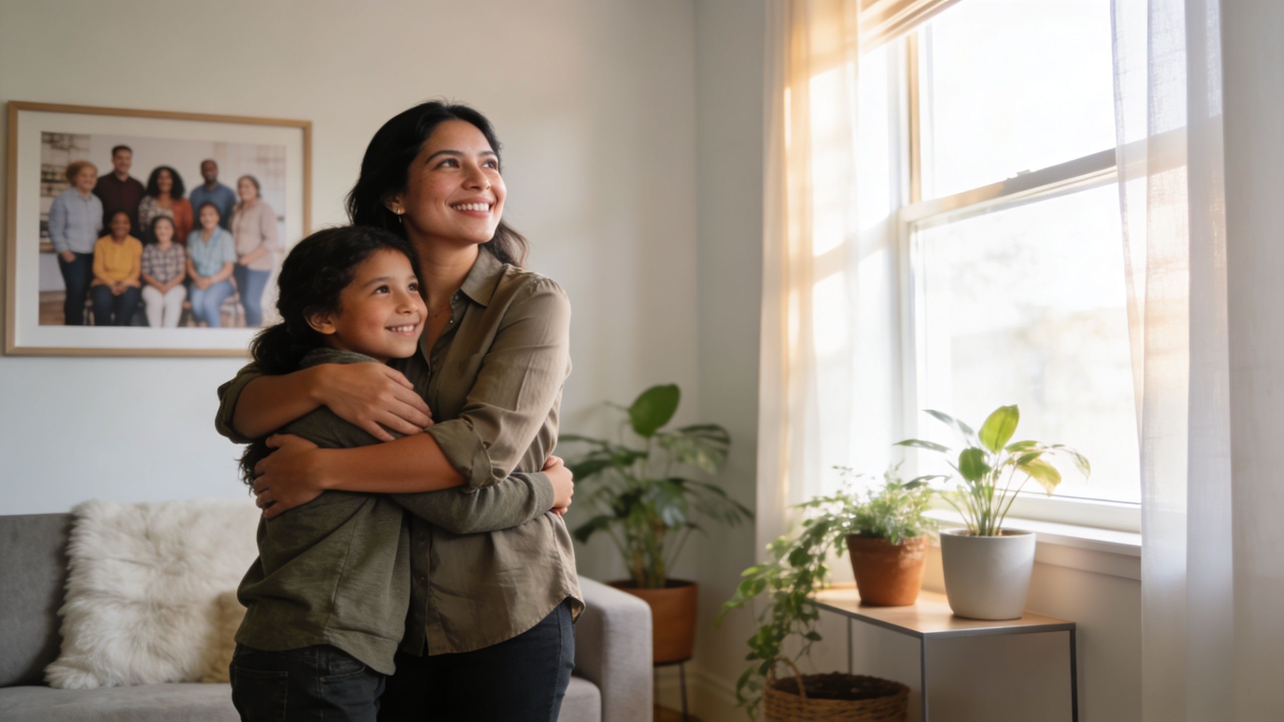 Una madre sonriente abrazando a su hija pequeña mientras ambas miran hacia una ventana iluminada.