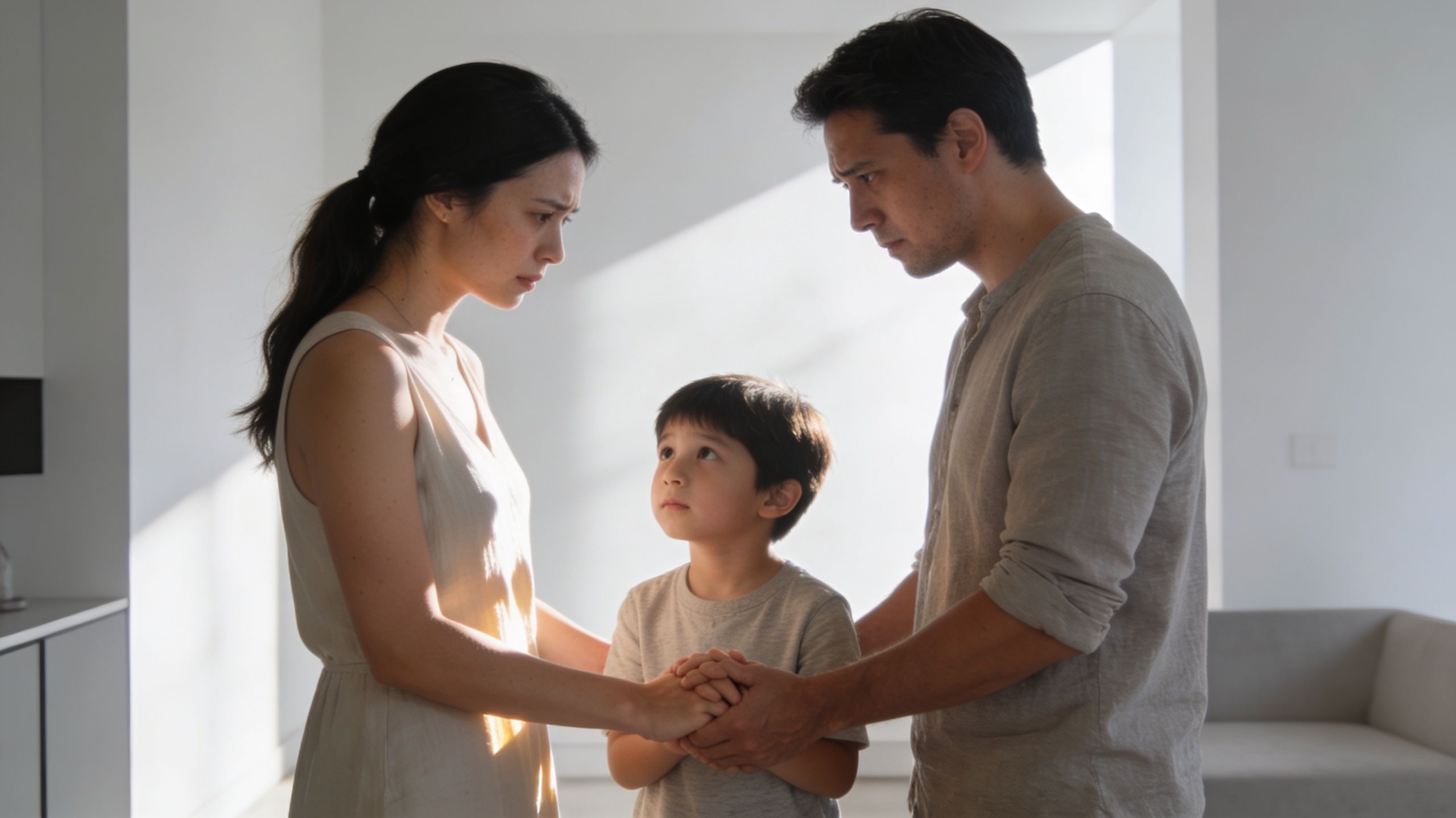 Padres angustiados sosteniendo las manos de su hijo pequeño en un momento familiar difícil y tenso