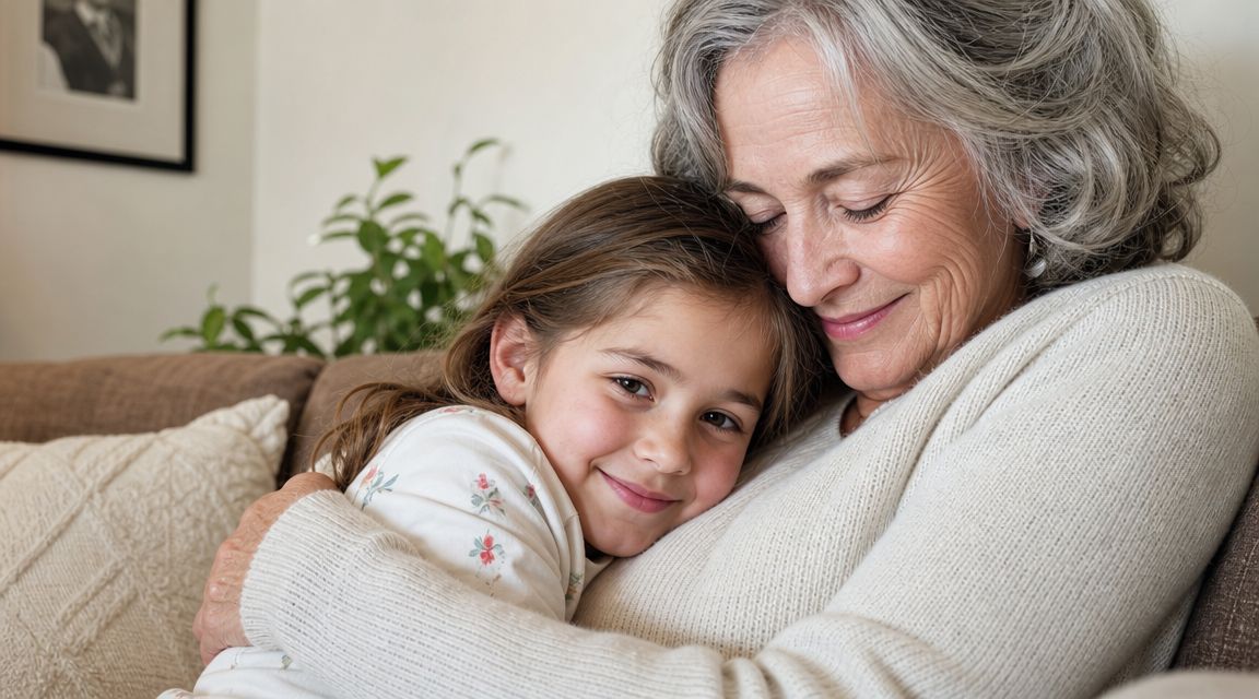 Una abuela cariñosa abraza a su nieta pequeña sentadas cómodamente en un sofá en casa.