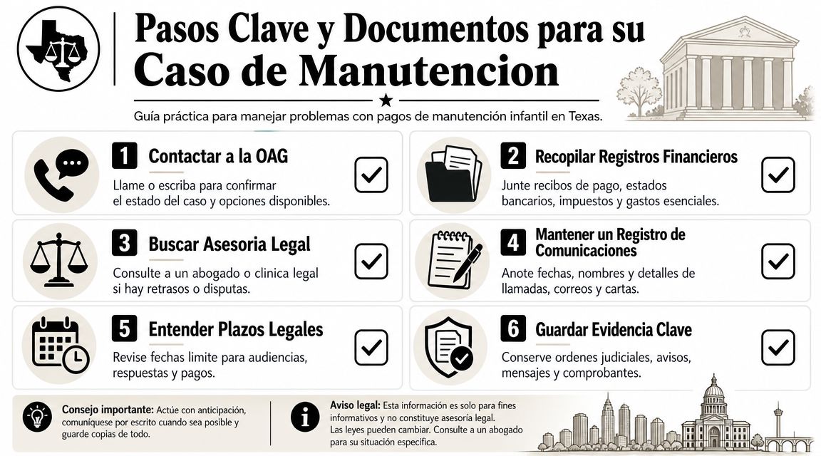 Guía práctica de seis pasos y documentos clave para gestionar casos de manutención infantil en Texas.