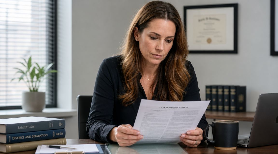 Una abogada de familia profesional revisando documentos legales importantes en su escritorio de oficina moderna
