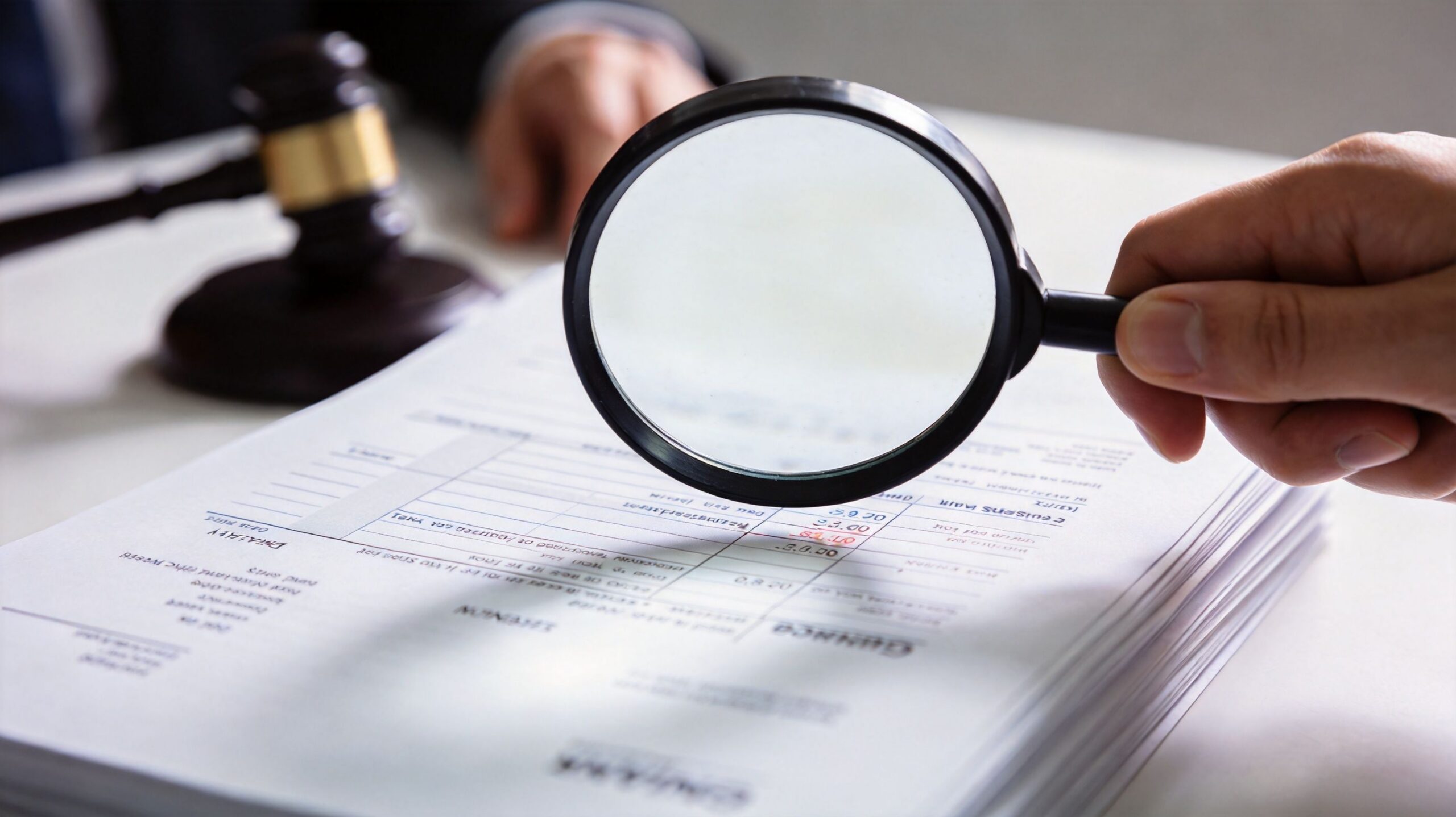 Una mano usa una lupa para revisar documentos financieros durante un caso de divorcio en Texas.