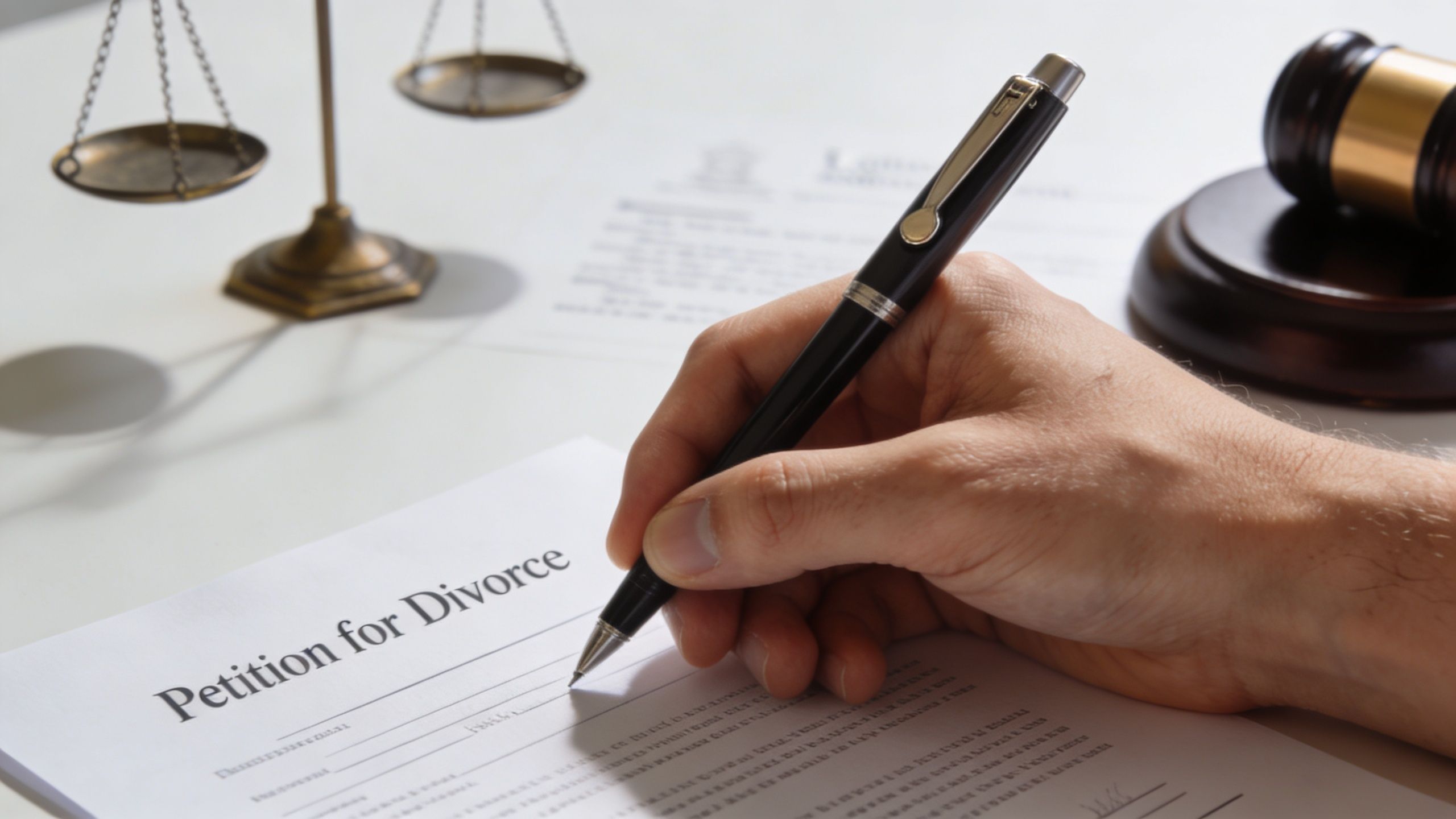 Una mano sosteniendo un bolígrafo sobre un documento oficial que dice Petición de Divorcio en español.