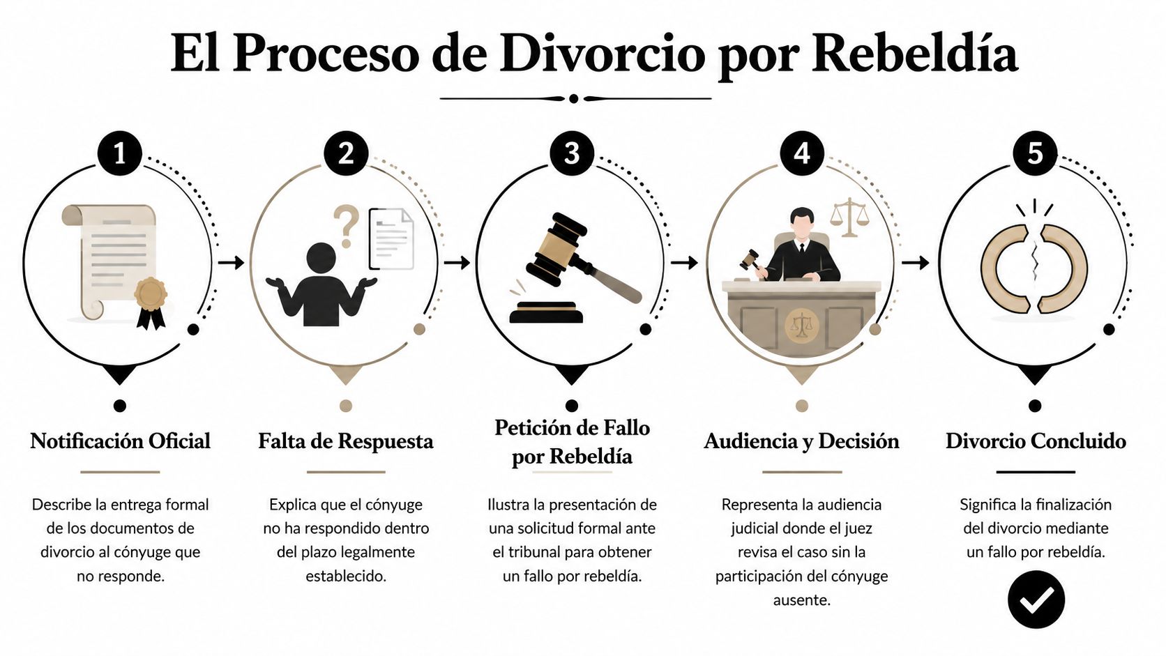 Infografía que explica los cinco pasos del proceso legal de un divorcio por rebeldía sin respuesta.