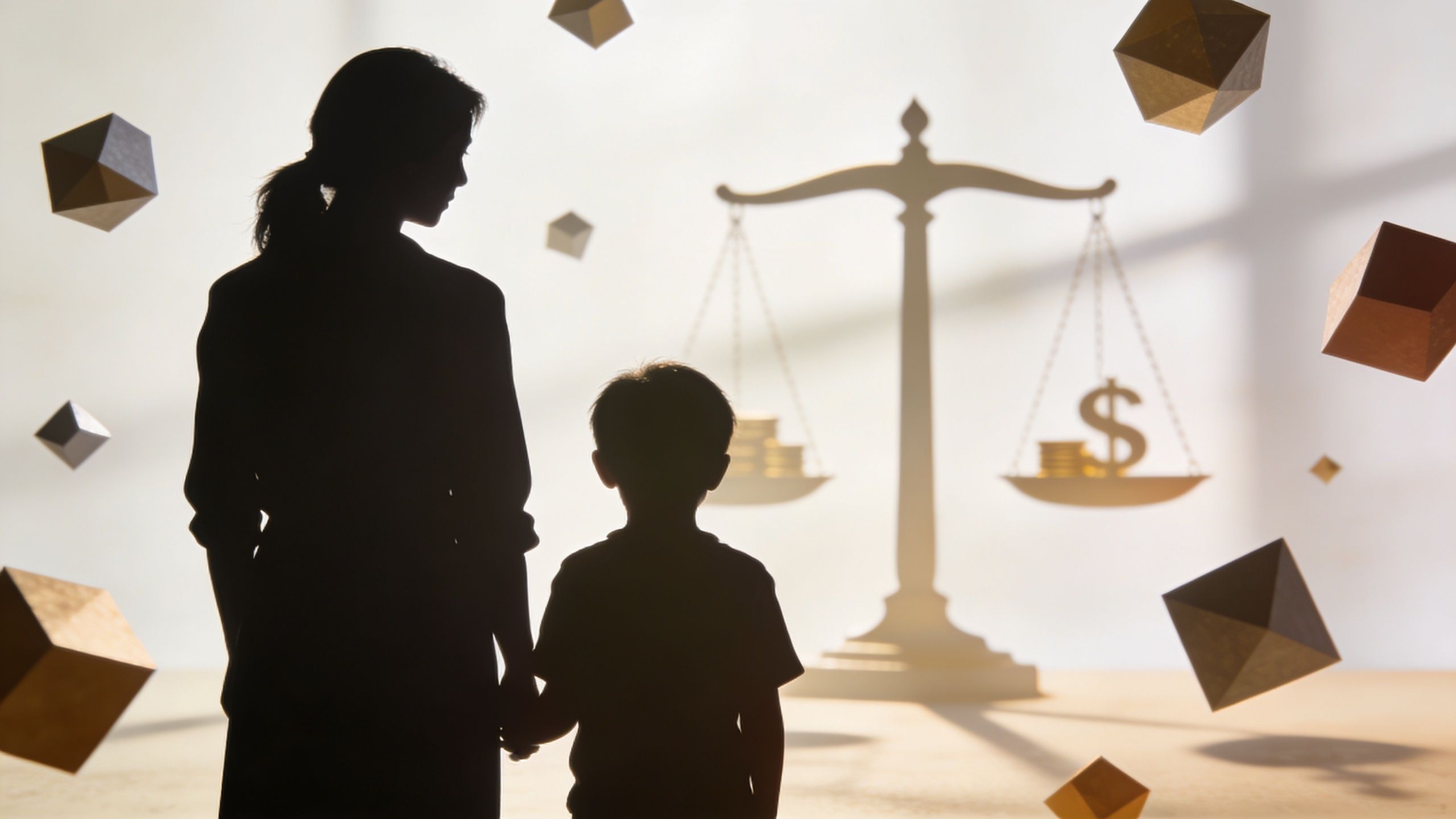 Silueta de una madre y su hijo mirando una balanza de la justicia con dinero en el fondo