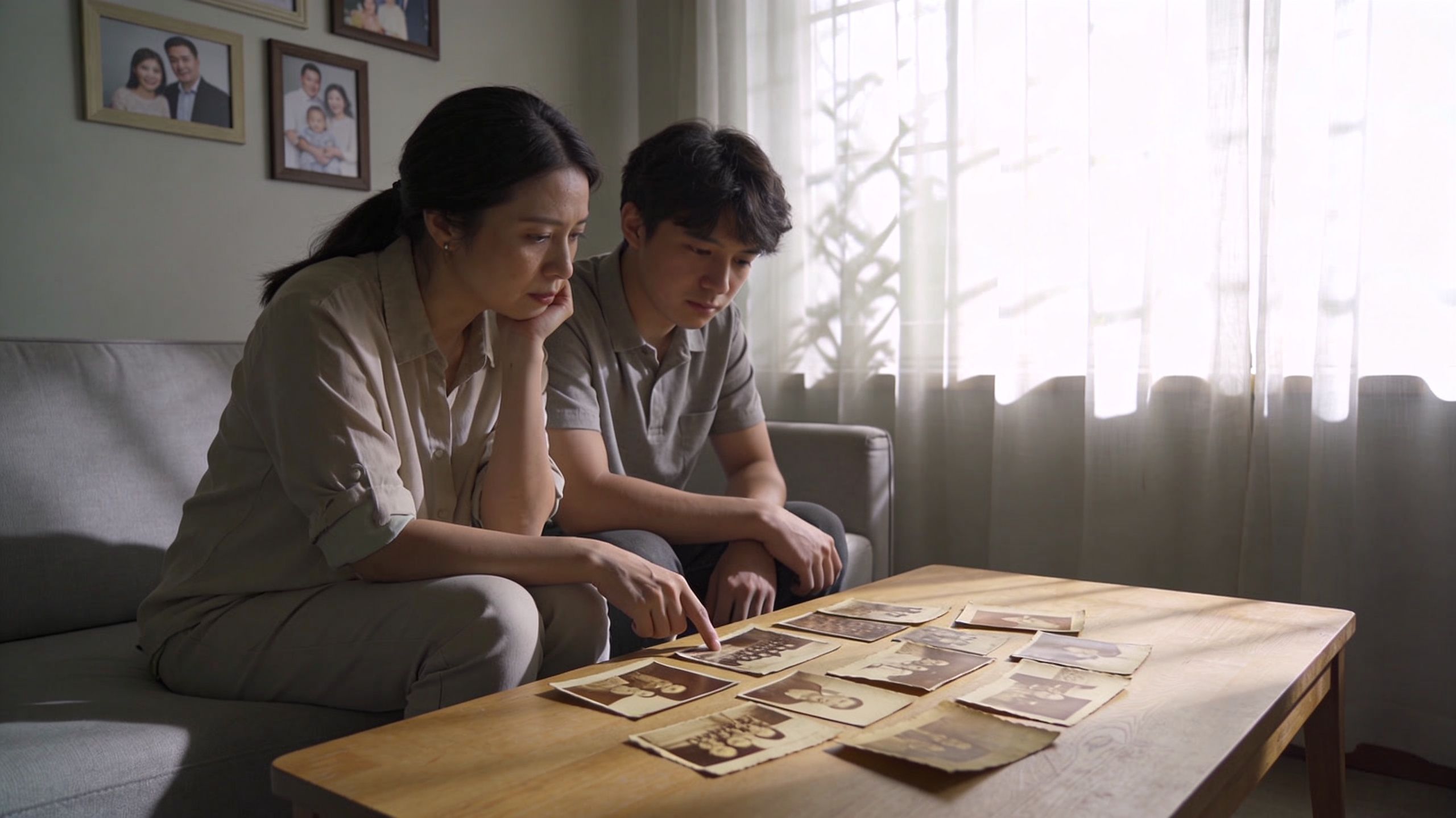Una pareja joven observa con melancolía y reflexión fotografías familiares antiguas sobre una mesa de madera.