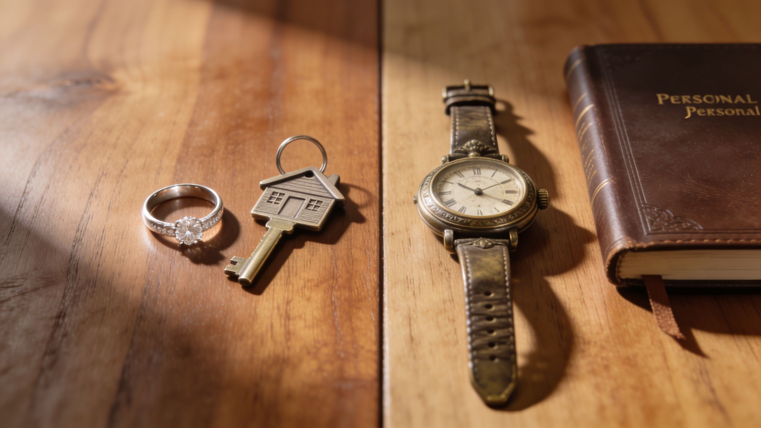 Objetos personales que incluyen un anillo de compromiso, una llave de casa, un reloj antiguo y diario.