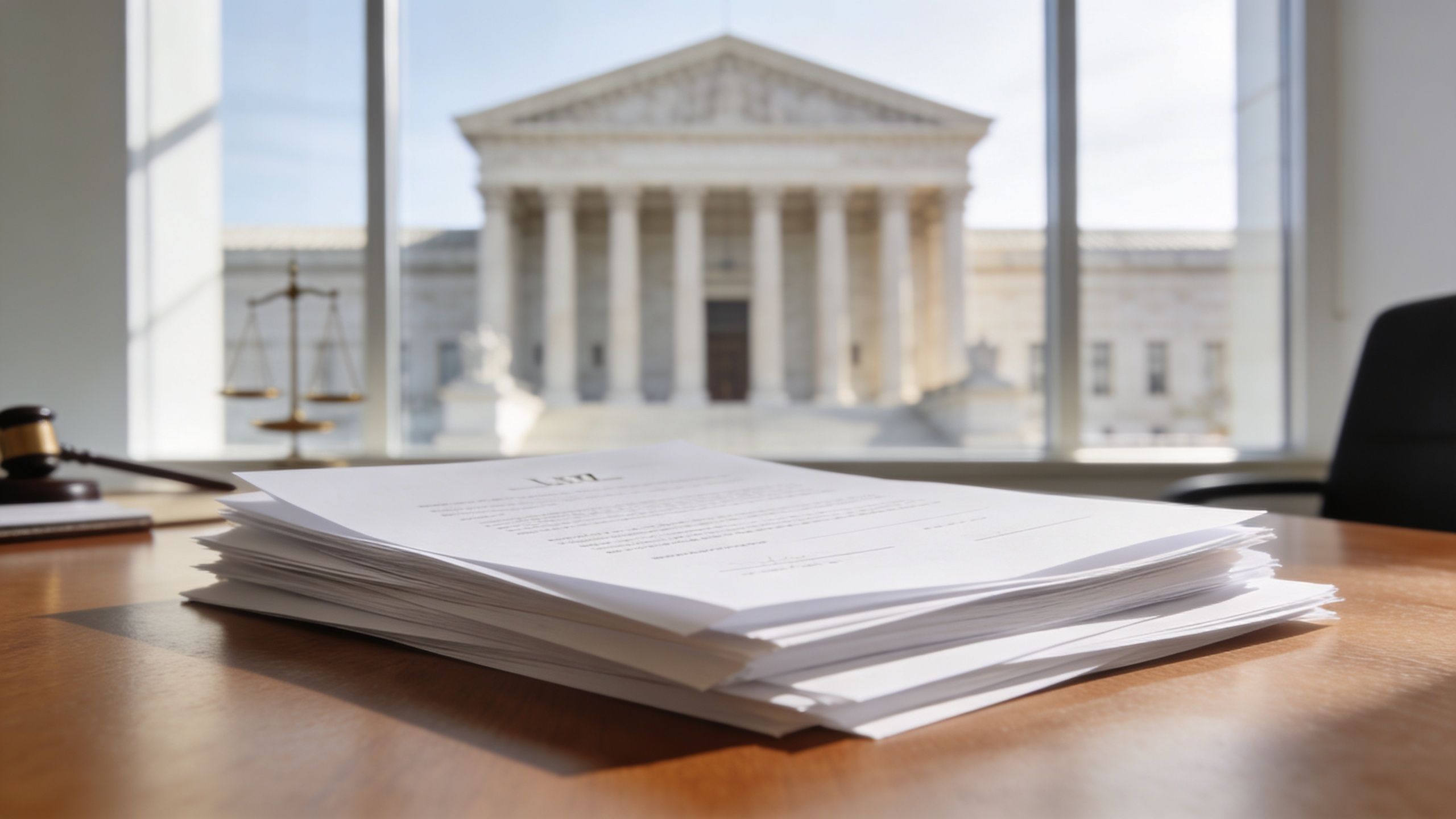 Pila de documentos legales y un mazo sobre un escritorio frente al Tribunal Supremo de los Estados Unidos.
