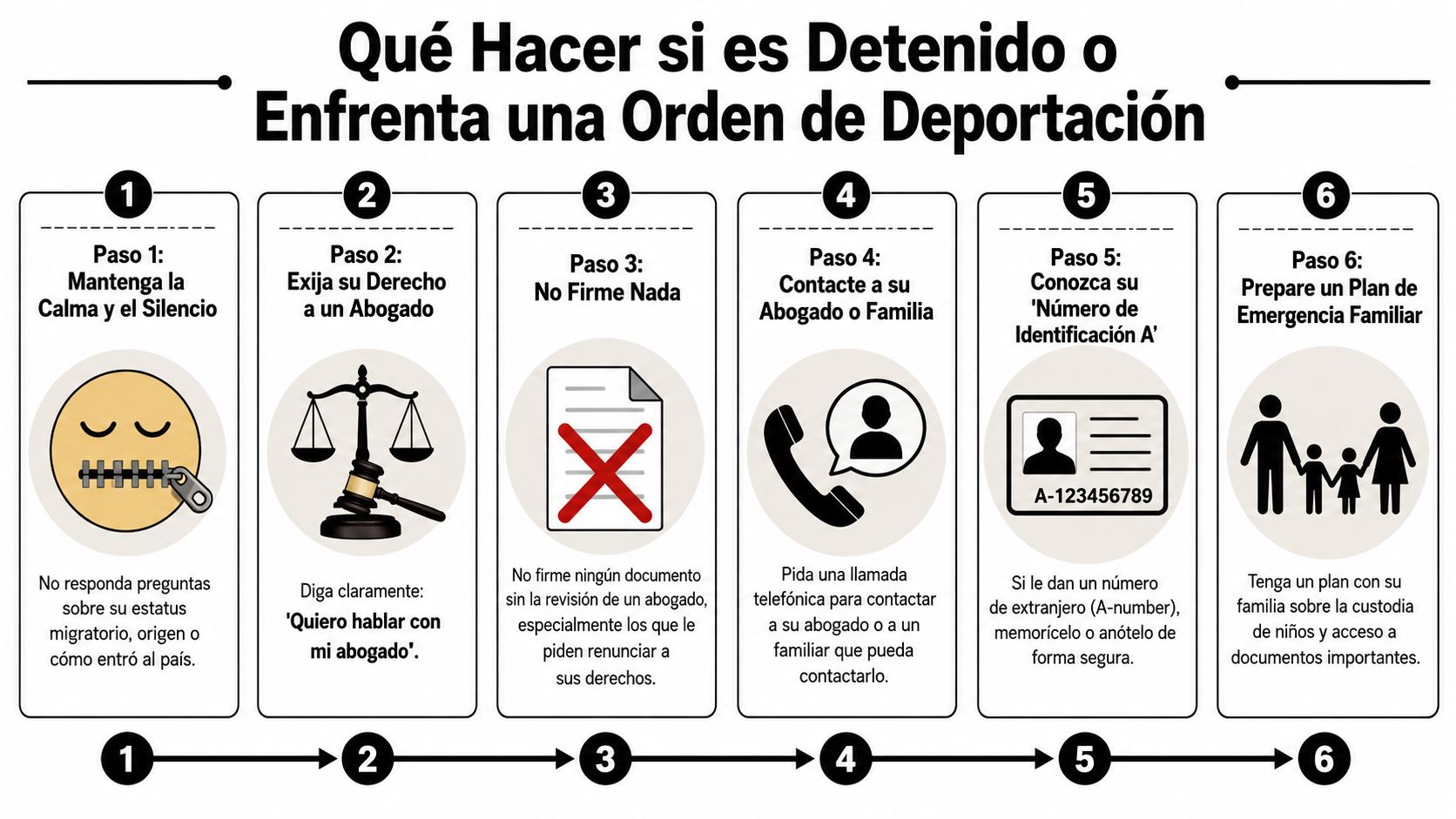 Infografía con seis pasos sobre qué hacer si es detenido o enfrenta una orden de deportación.