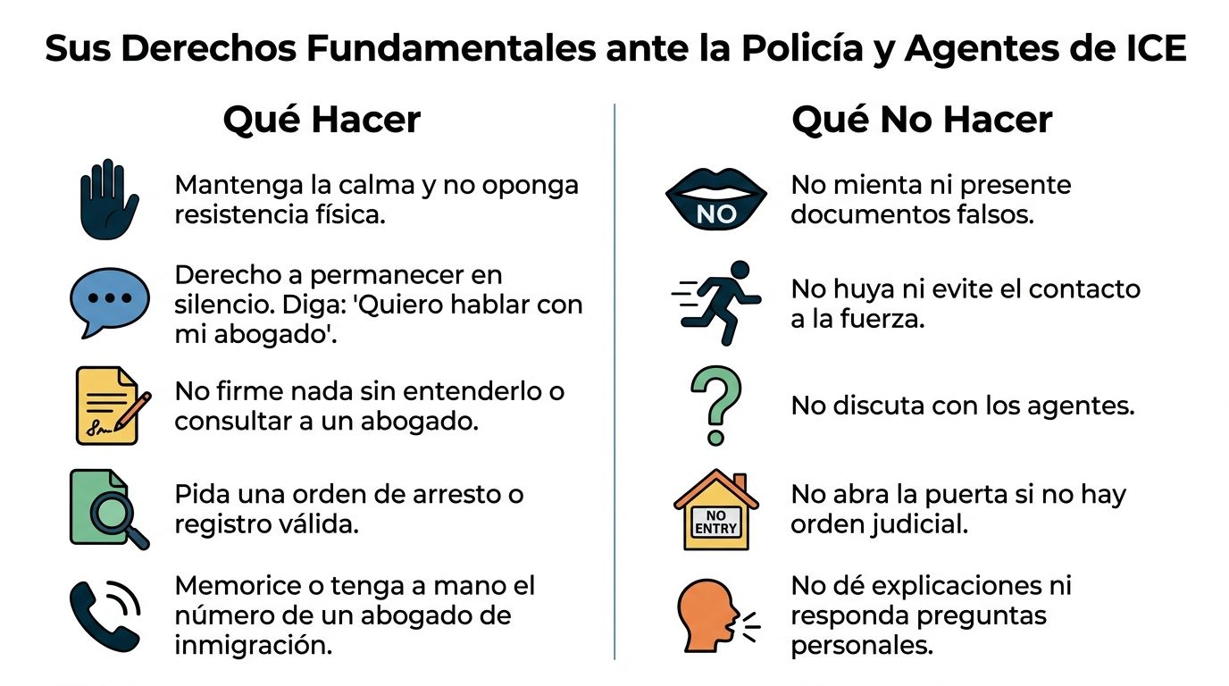 Infografía en español sobre derechos fundamentales frente a la policía y agentes de inmigración estadounidense.