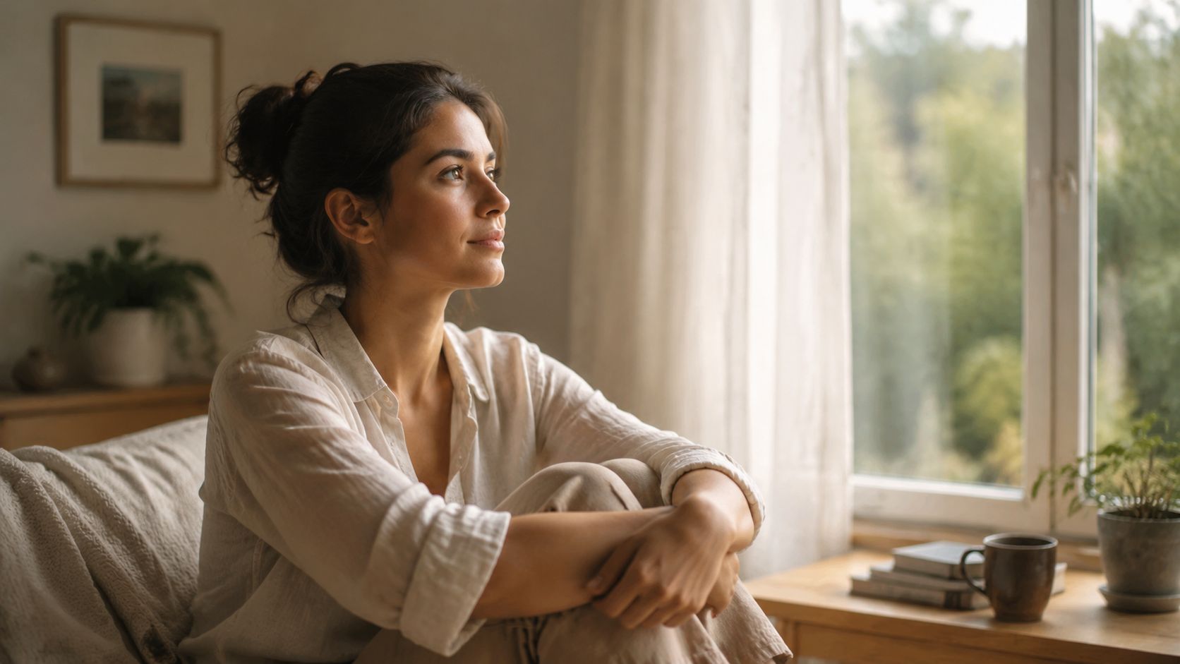 Una mujer joven reflexiva mirando por la ventana de su hogar iluminado por la luz natural.