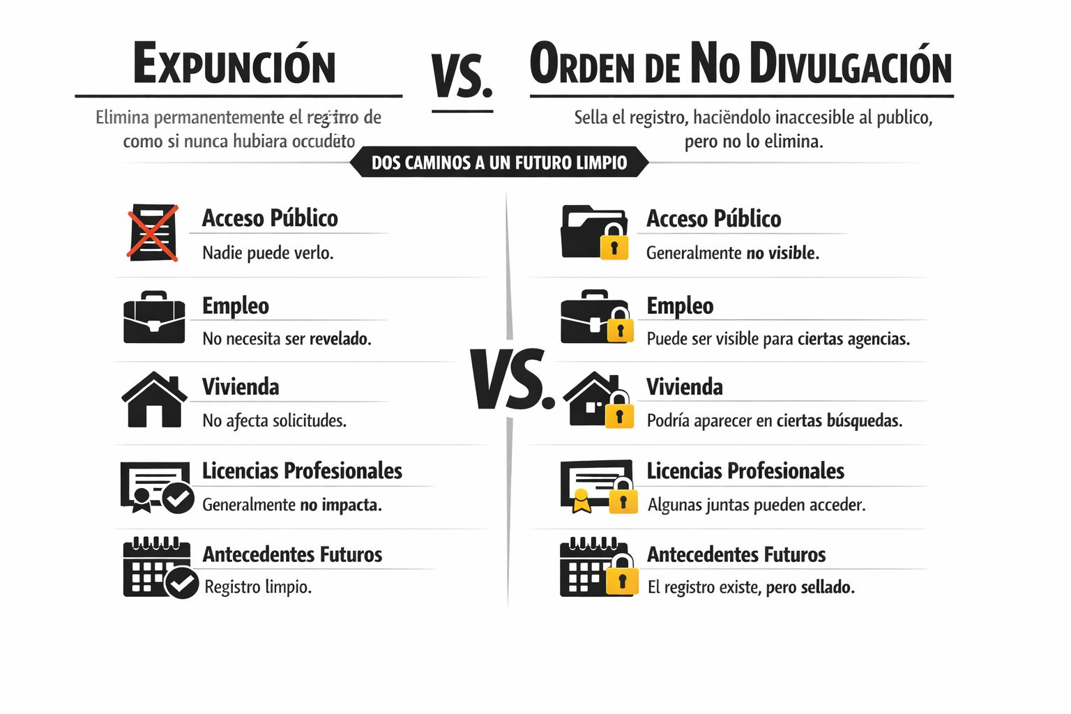 Comparativa entre la expunción y la orden de no divulgación de registros criminales en español.