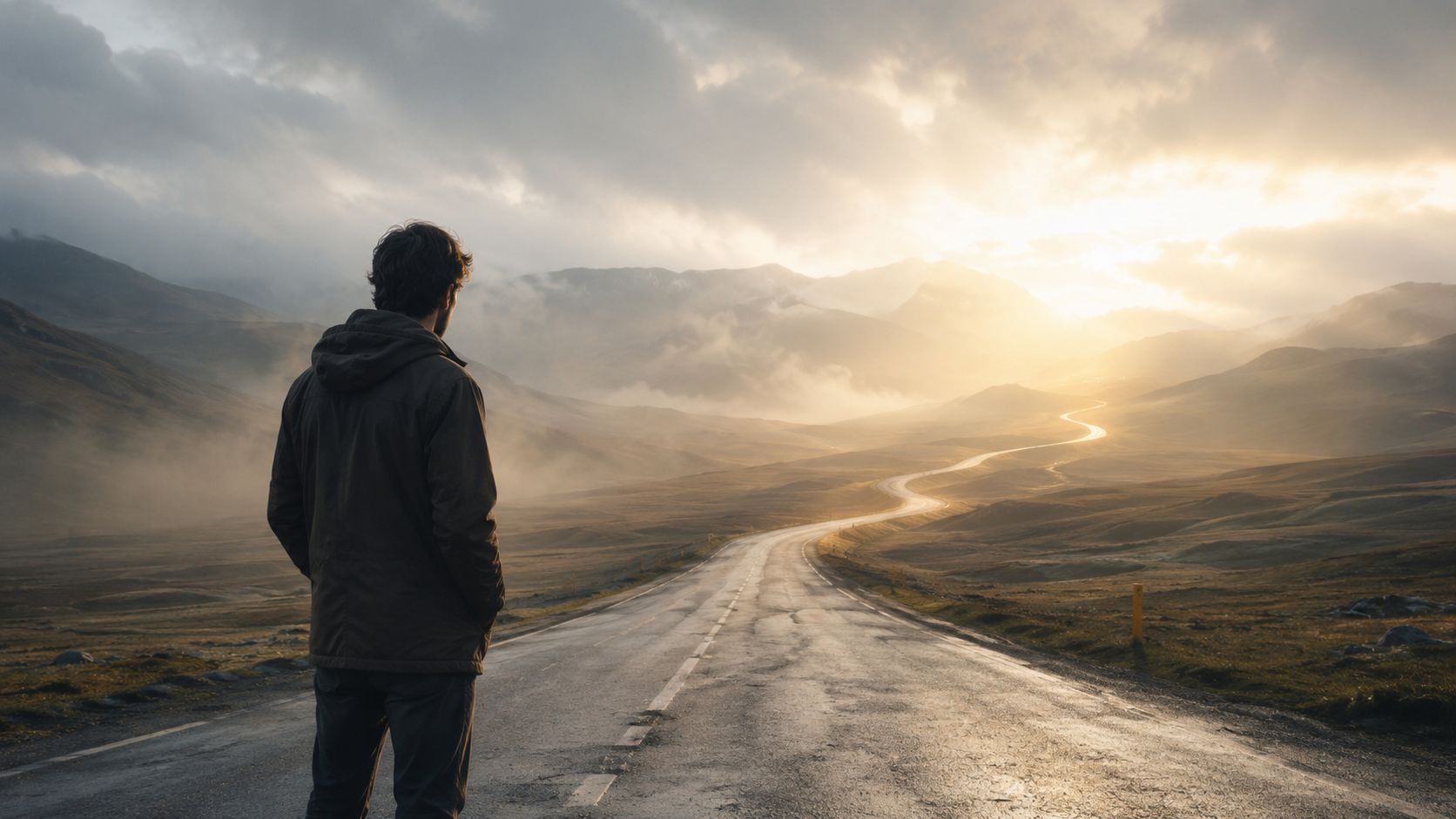 Un hombre de espaldas observa una carretera solitaria que se extiende hacia montañas bajo un atardecer nublado.