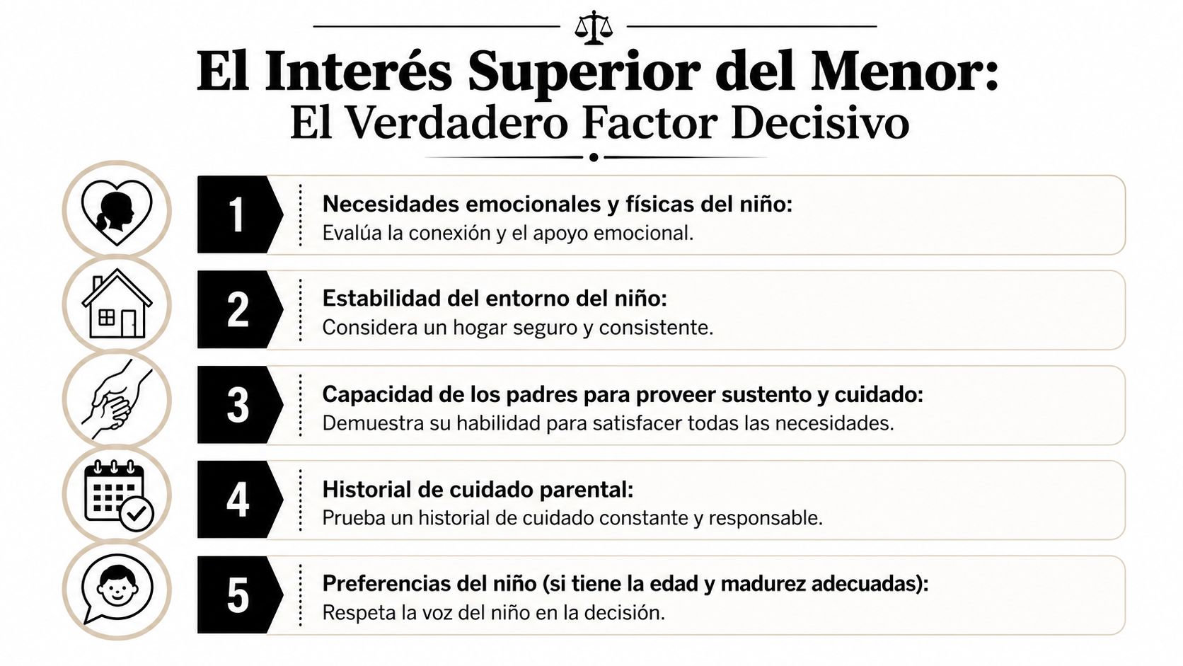 Infografía sobre el interés superior del menor y los factores decisivos para su bienestar y custodia.