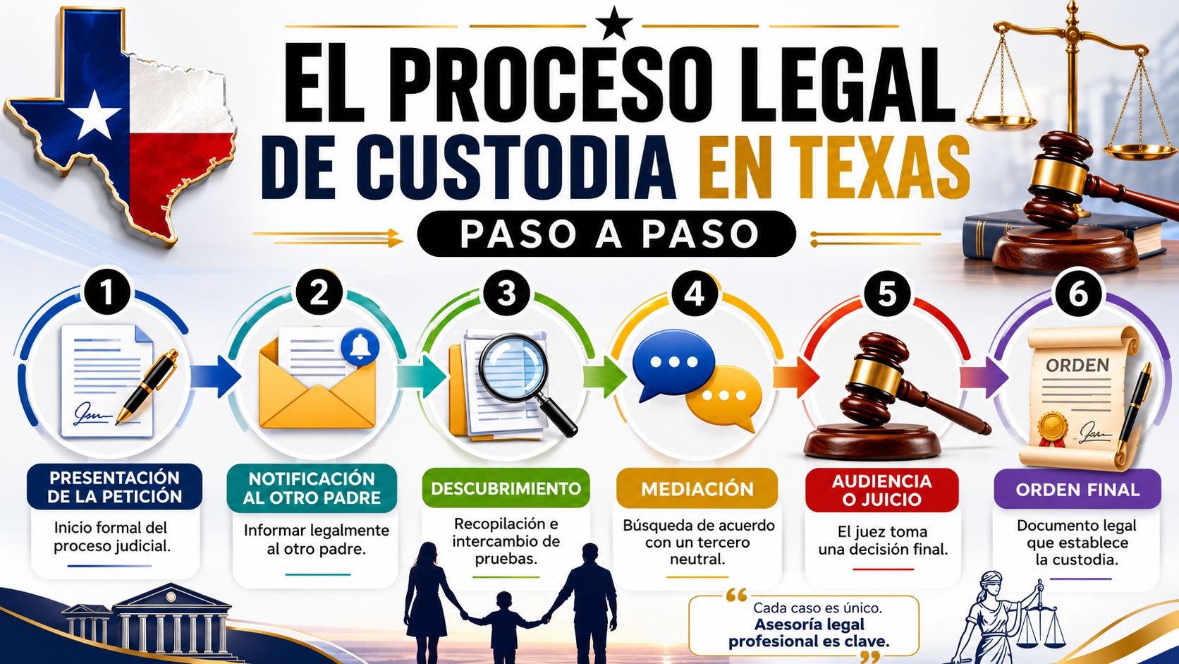 Infografía paso a paso que explica el proceso legal de custodia infantil en el estado de Texas.