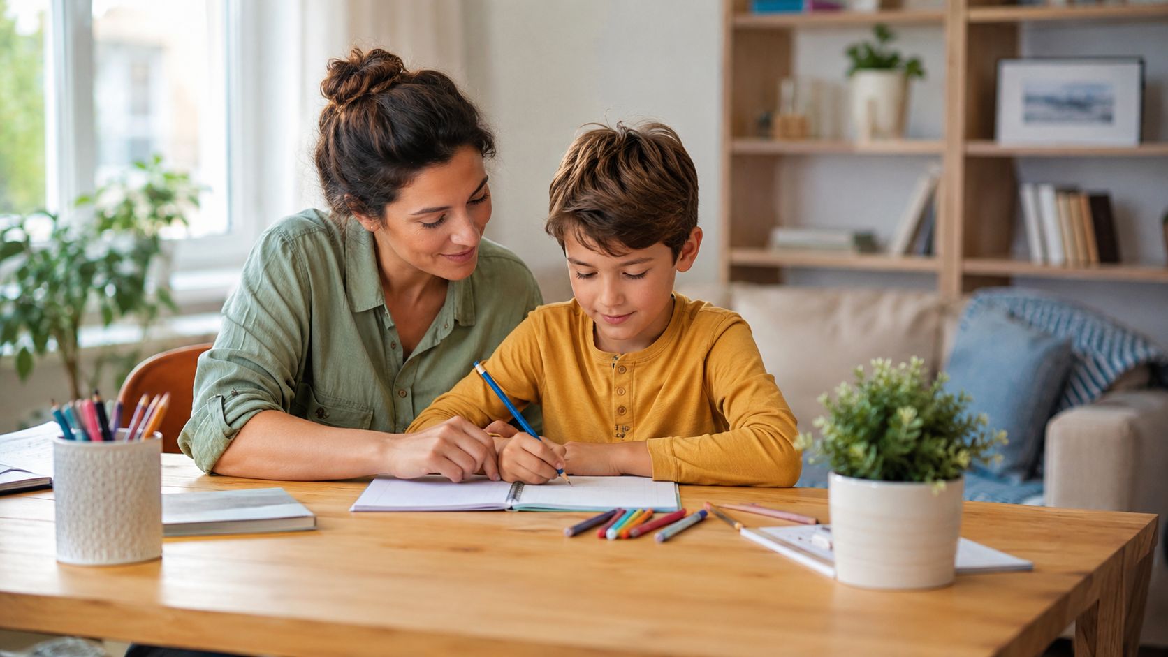 Una madre sonriente ayudando a su hijo pequeño a hacer la tarea escolar en casa