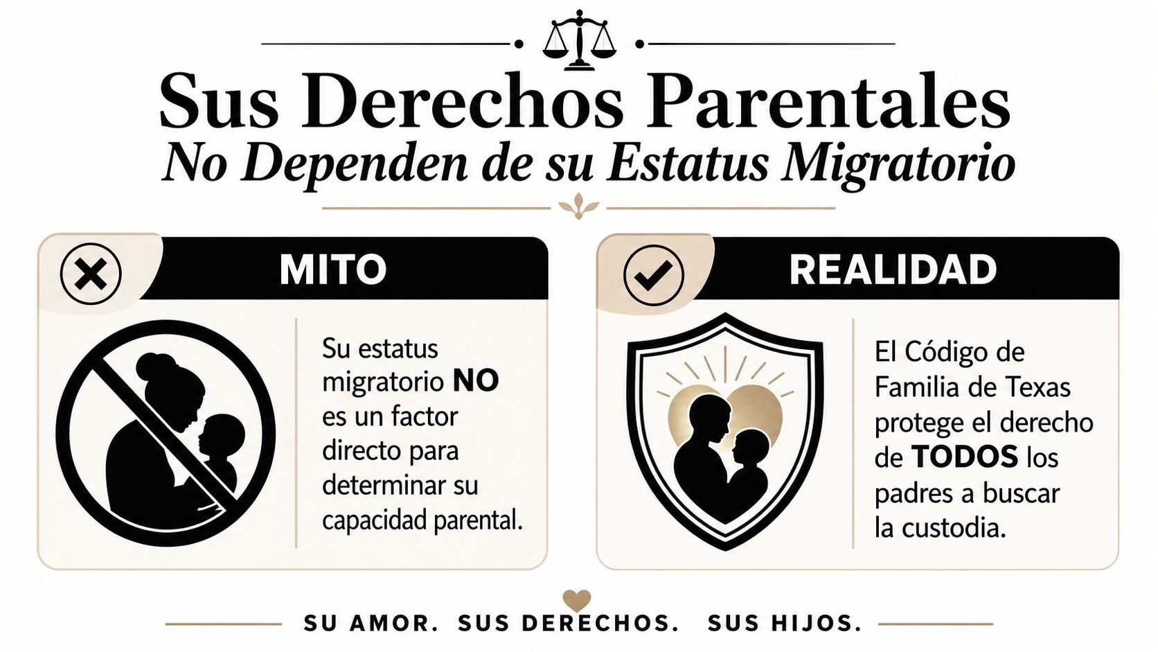 Gráfico informativo sobre derechos parentales en Texas independientemente del estatus migratorio de los padres.