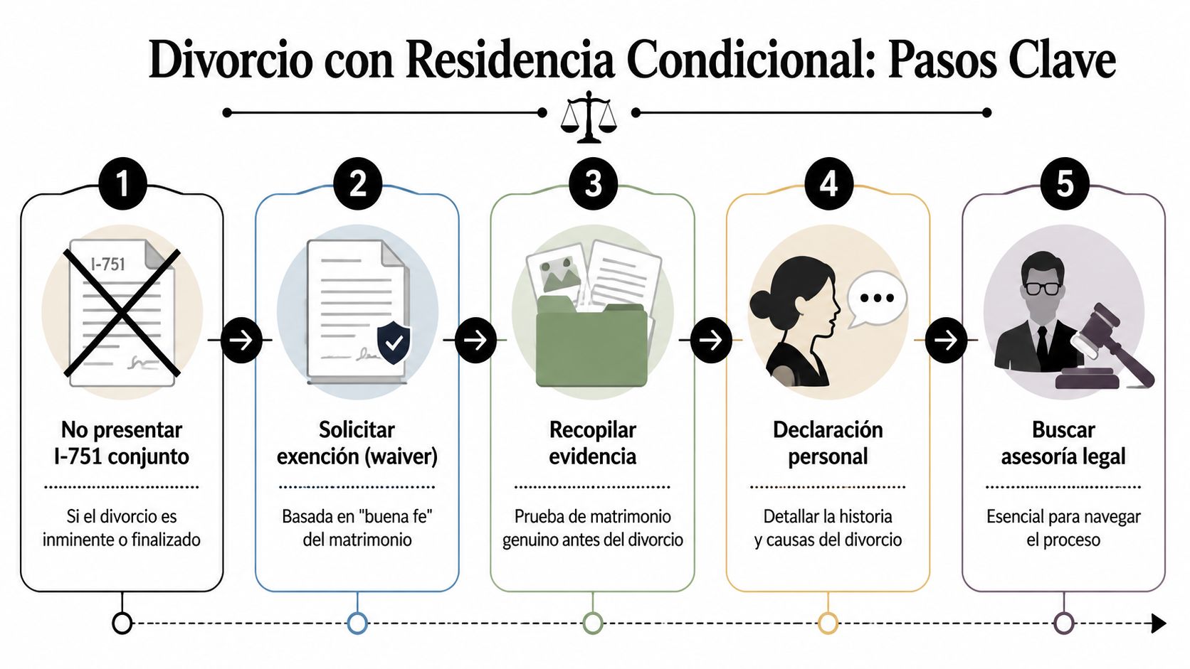 Infografía con cinco pasos clave para gestionar el divorcio durante un proceso de residencia condicional migratoria.