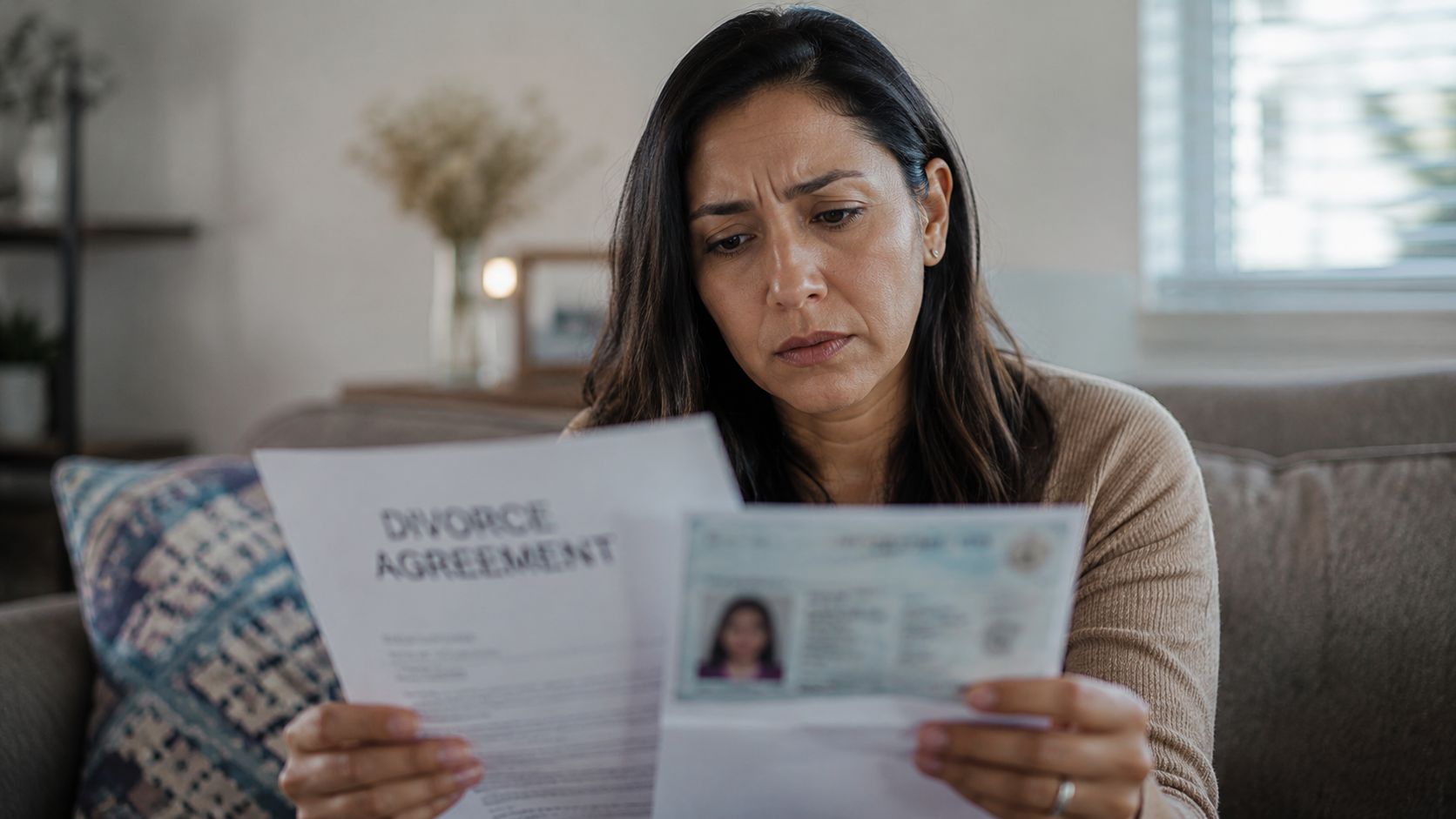Una mujer preocupada revisando documentos de divorcio y su identificación personal en su sala de estar.