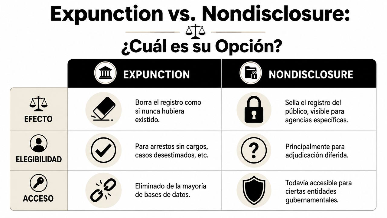 Tabla comparativa en español sobre las diferencias entre expunción y no divulgación de antecedentes penales.
