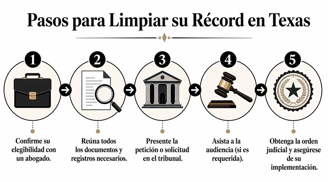 Infografía de cinco pasos para limpiar sus antecedentes penales o récord judicial en el estado de Texas.