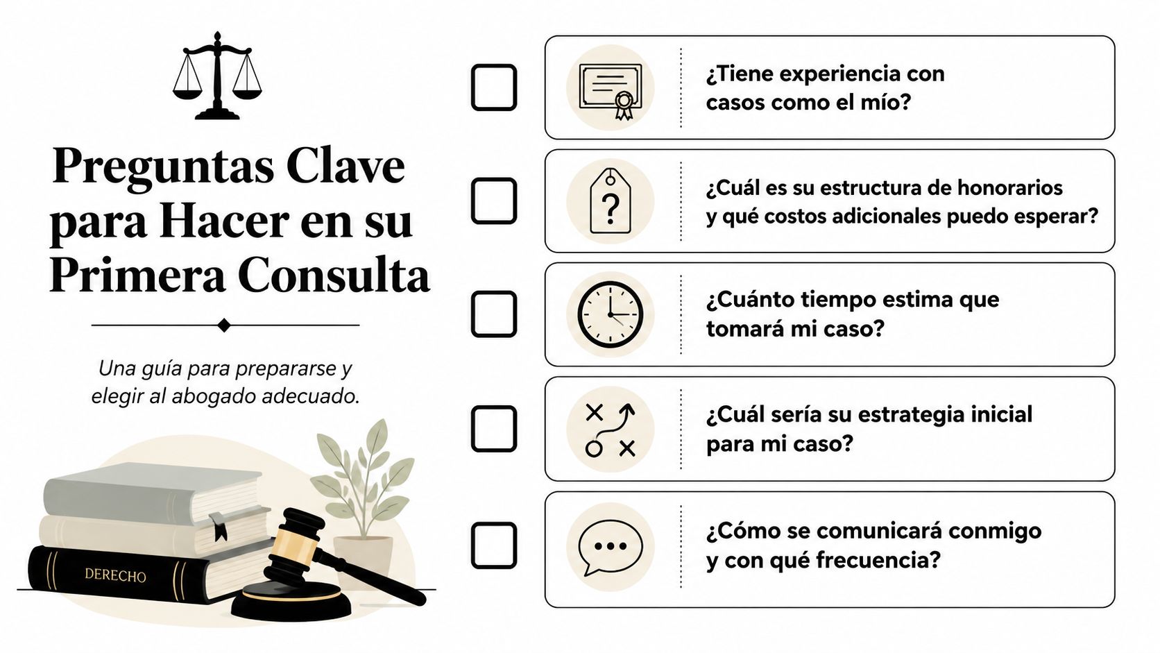 Lista de preguntas clave en español para realizar a un abogado durante la primera consulta legal.