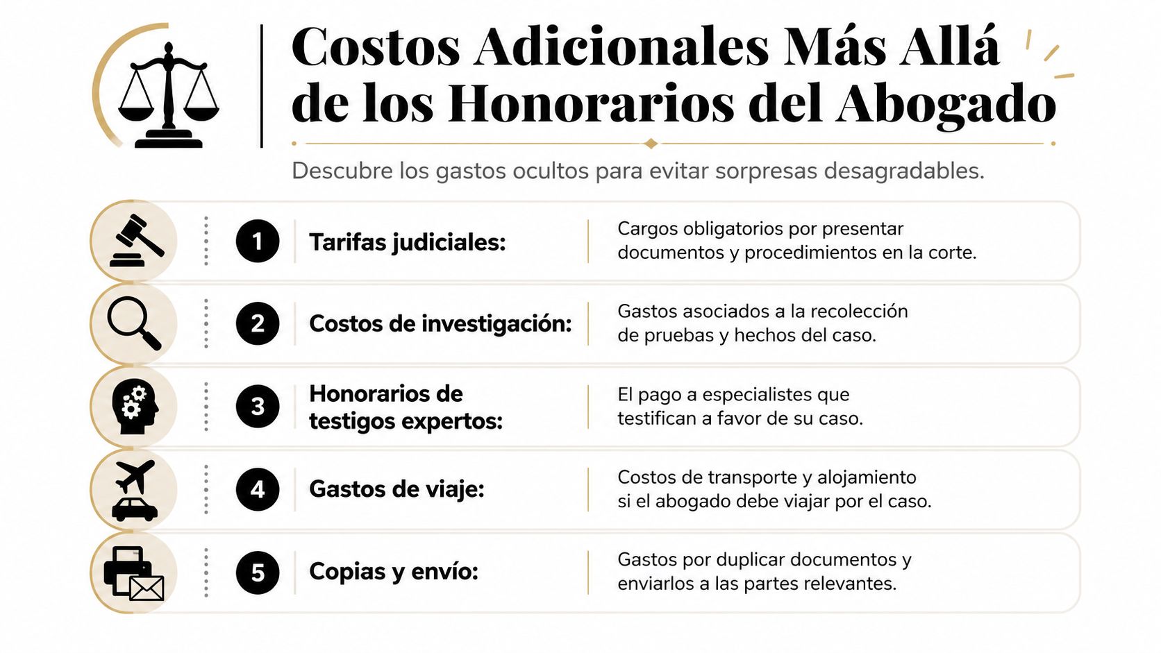 Infografía que muestra cinco tipos de costos adicionales que pueden surgir al contratar a un abogado.