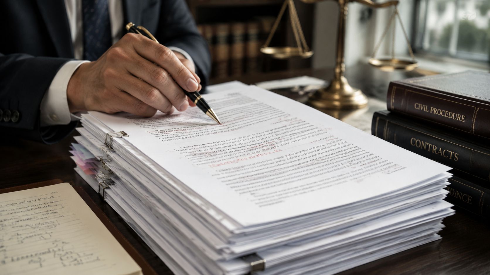 Abogado revisando documentos legales importantes con una pluma sobre una mesa de madera con libros legales.