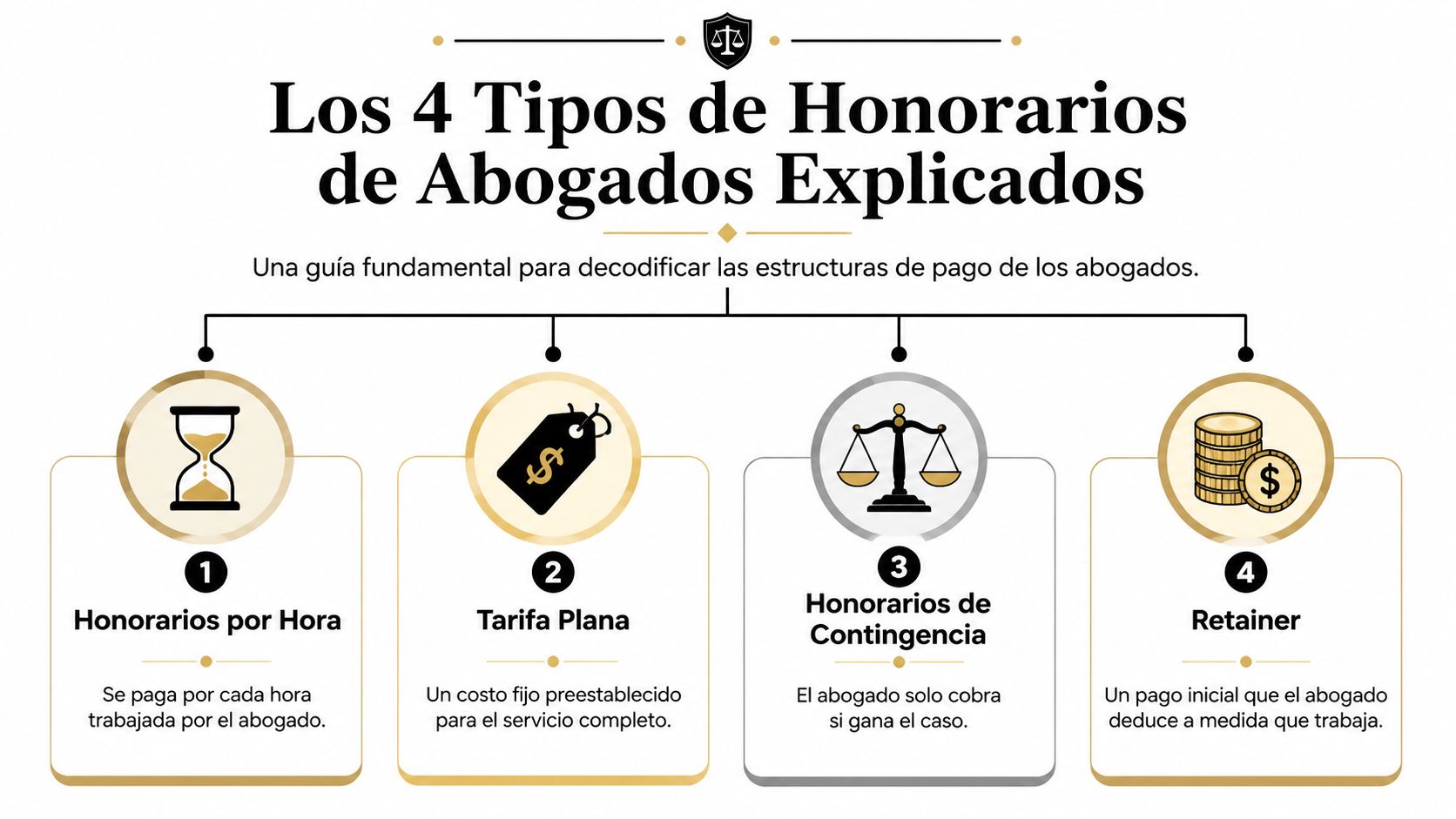 Infografía explicando los cuatro tipos principales de honorarios de abogados: por hora, tarifa plana, contingencia y retainer.