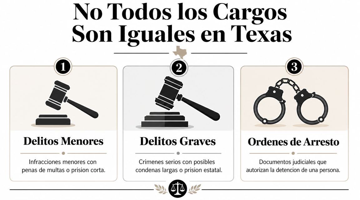 Gráfico informativo sobre los diferentes tipos de cargos legales en el estado de Texas.