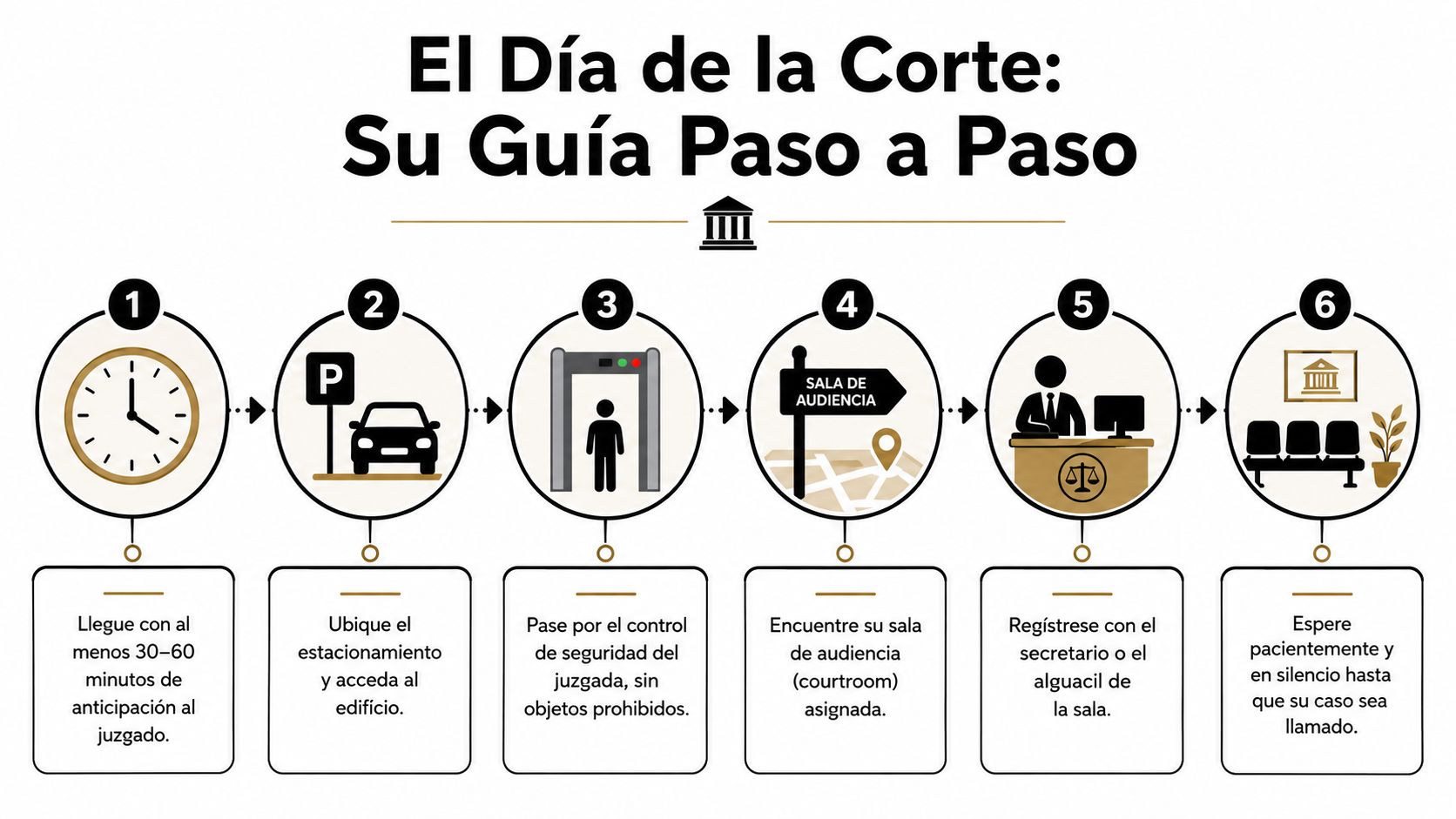 Infografía paso a paso que explica cómo prepararse y qué esperar al llegar a un juzgado.
