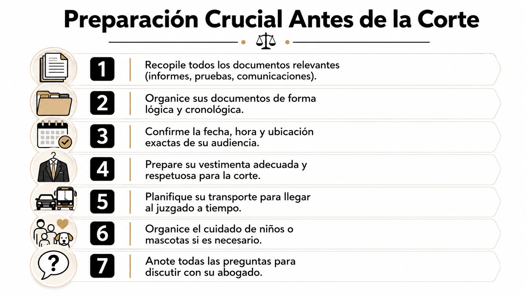 Lista numerada con siete pasos esenciales para prepararse adecuadamente antes de asistir a una corte judicial.