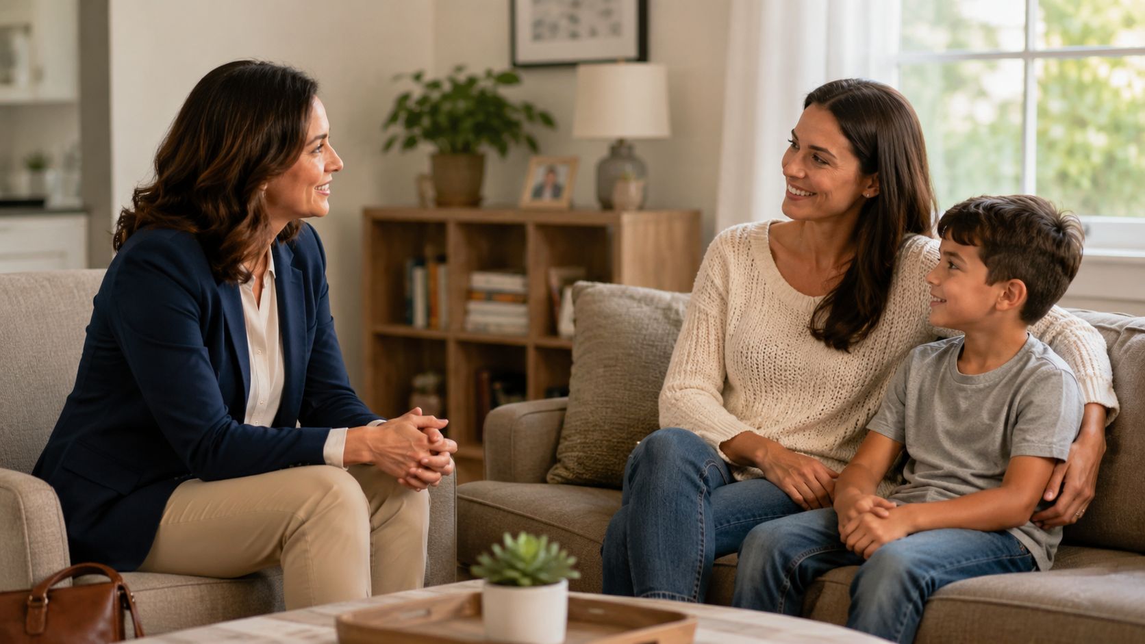 Una trabajadora social conversando amigablemente con una madre y su hijo en una sala de estar