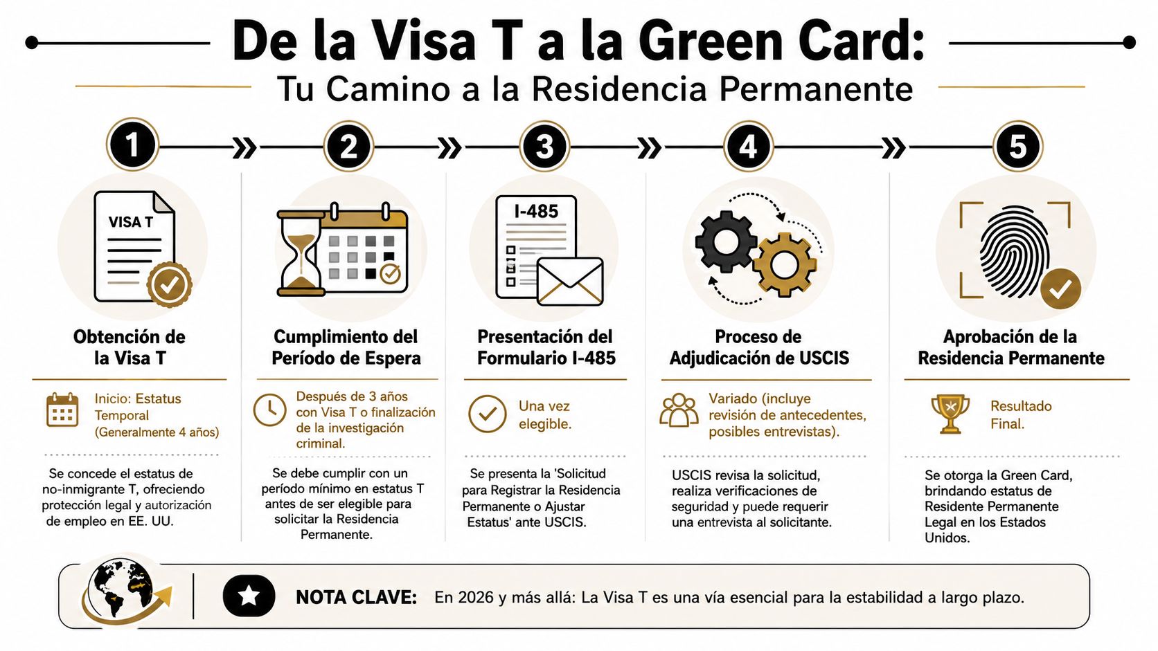 Infografía que explica los cinco pasos del proceso para obtener la residencia permanente mediante la Visa T.