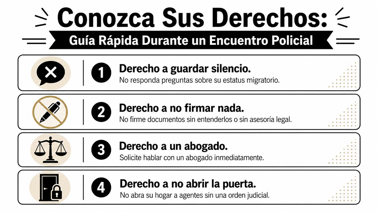 Infografía en español sobre los derechos fundamentales durante un encuentro con la policía para personas indocumentadas.
