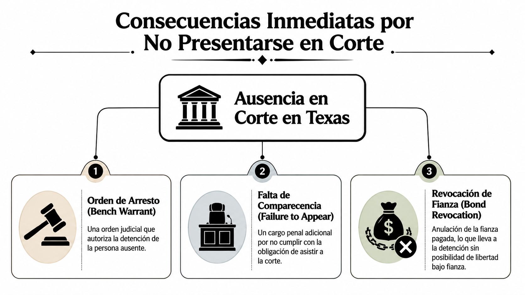 Infografía sobre las consecuencias legales de no presentarse en una corte de Texas.