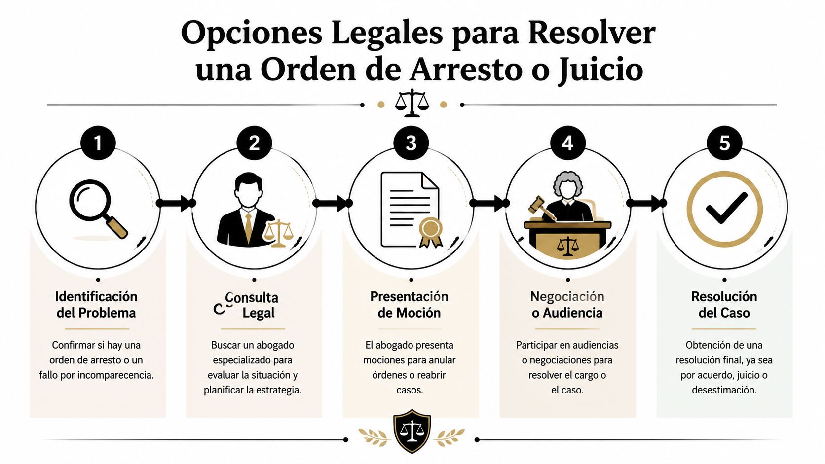 Infografía que explica los cinco pasos legales para resolver una orden de arresto o comparecencia en corte.