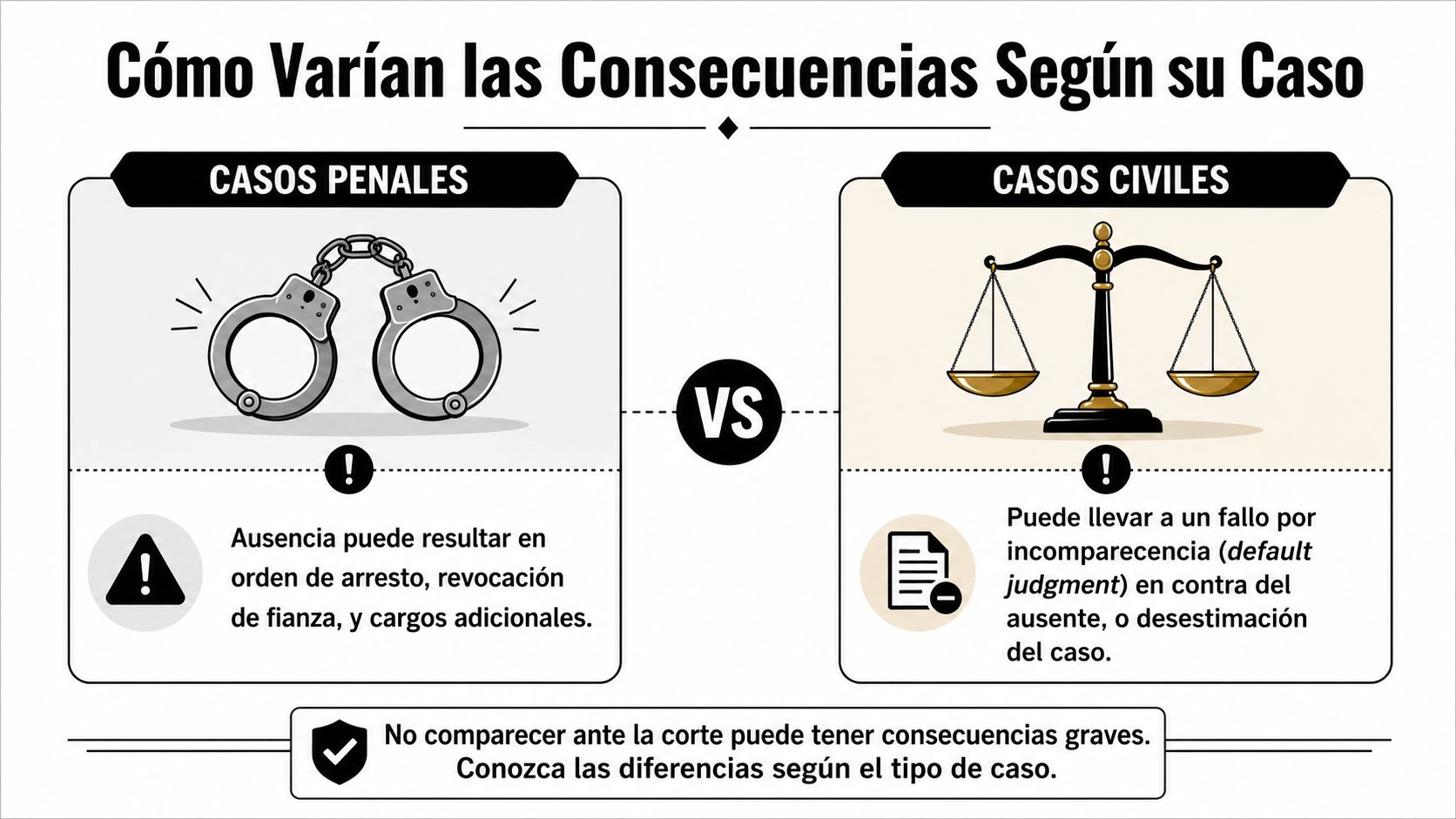 Comparación de las graves consecuencias legales de no presentarse en casos penales versus casos civiles ante la corte.