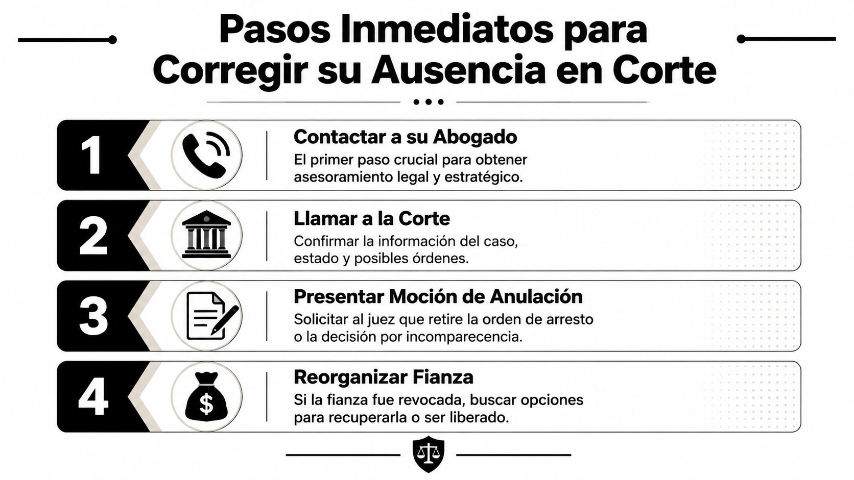 Pasos inmediatos en español para corregir su ausencia en corte y evitar consecuencias legales adicionales.